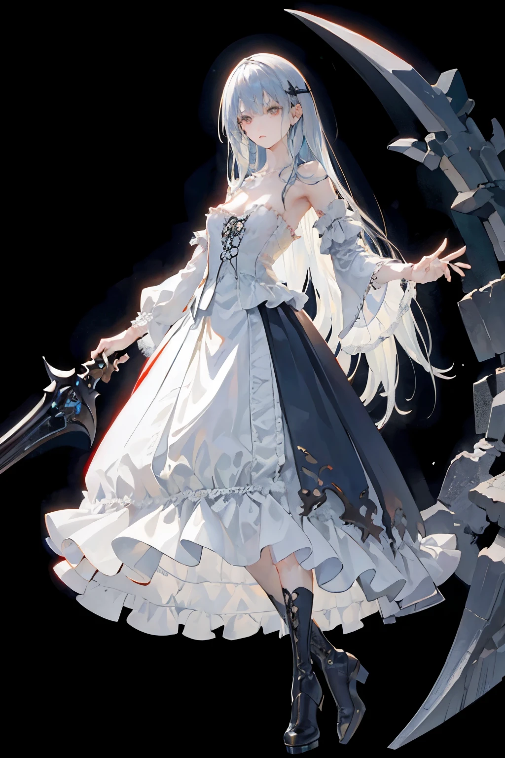  ((best quality)), ((masterpiece)), (detailed), 1girl, Character design, female, dynamic poses, long white grey hair, grey white eyes, very skinny, detailed, best quality, no accesoires around the neck, no shoes, prominent collarbones, skinny arms, flat stomach, visible hip bones, full body, blank white background, plain background, white background, red and white clothing, Bloodborne inspired, occult aesthetic, occult, detailed and intricate steampunk and detailed gothic, NSFW, Very dramatic and cinematic lighting, cosmic horror, grim-dark, side-lighting, perfect face, NSFW, Fluttering lace flared long knee length dress with frilly petticoats, knee length dress, pleated petticoats, petticoats gothic, complex lace boots, side-lighting, gothic aesthetic, wielding a mighty sword with mechanical components, mandalas, small breasts, a fairy, various different types of insect wings, NSFW, full body, whole body, body, plain background, white background, blank background, no background, white background NSFW, chains, full body, whole body, head-to-toe NSFW 