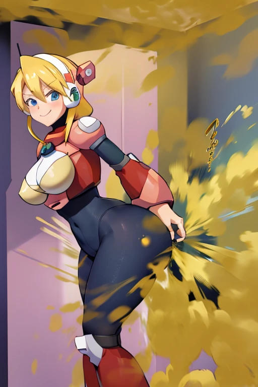 alia_megamanx, blonde hair, default hair, default outfit, huge breasts, standing, farting, massive fart, velocity, embarrassed, leaning, clenching teeth, smiling, alone in a room
