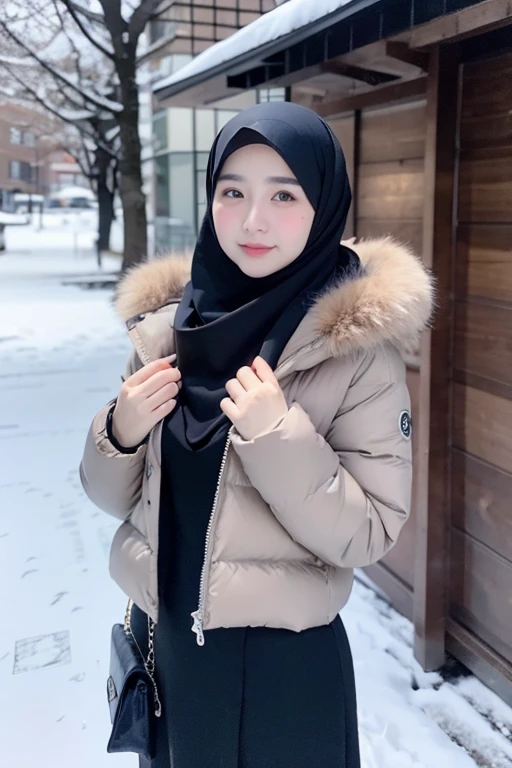 Best quality, 4K, 8K, Detailed faces,fully body photo, Clear face, Japanese muslim girl, 21 years old girl, Perfect body figure, Long slim legs, Pasmina hijab, Long down jacket with hood, Fur trim jacket, White jacket, Snowy Tokyo background 