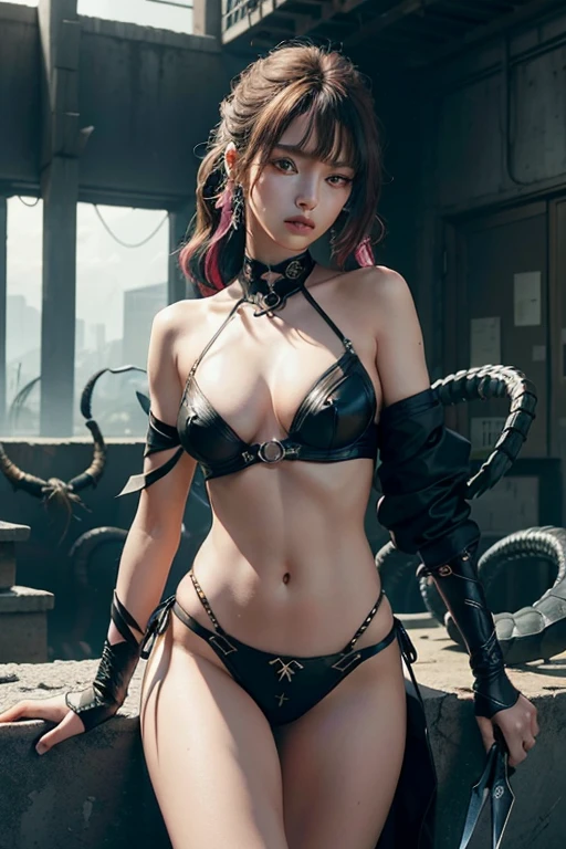 official art, unity 8k wallpaper, ultra detailed, beautiful and aesthetic, beautiful, masterpiece, best quality, (scorpion motifs), (a girl havinga scissors:1.2) dynamic angle, cowboyshot, the most beautiful form of chaos, elegant, a brutalist designed, vivid colours, romanticism, atmospheric