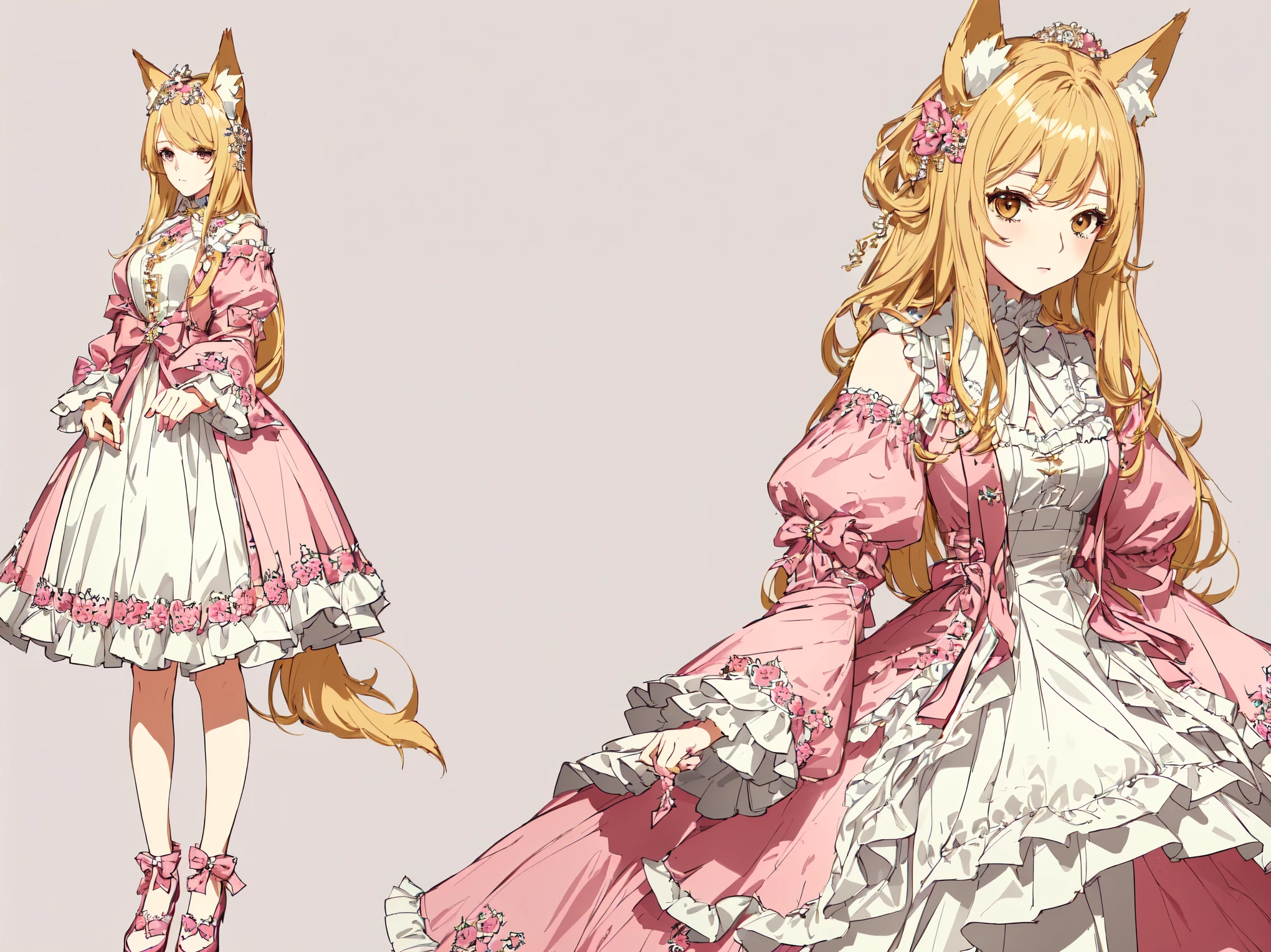Attractive appearance, think through the details, Difficult poses, masterpiece, beautiful girl, girl, sweet girl, Detached Gaze, Poker face, blank look, Brown eyes, Brown eyes, light yellow hair, blonde hair, blonde, long hair, straight hair, ((girl with a dog tail)), girl-dog, ((Animal girl)), ((girl with dog ears)), The girl is the embodiment of the beast, anime стиль, 4k image, all main text, simple background, White background, List of characters. perfect face, Details, foreground, back view, Full Length,pretty dress, fluffy dress, Dress with a full petticoat, Gooseberry dress, lace, light dress, Dress with a wide skirt, Victorian clothing, Rococo style clothing, pretty dress, pink dress, modern clothes, anime. ((masterpiece, top quality)), detailed face, Feature Character Design, a lot of details, Very detailed, deep, many angles, detailed faces. the right hands! Working hands! Correct anatomy of the hand,