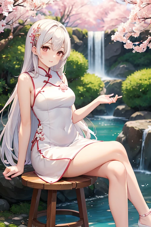 Young adult japanese girl, breathtaking cherry tree forest, ((long white elegant sleeveless long cheongsam dress with pink details)), smooth and beautiful legs, (brown eyes), long hair flowing in the wind, ((white hair),white high heeled pumps with cherry tree details, beautiful nature, japanese countryside, small water spring with small waterfall, ((high quality)), extremely detailed, (bokeh), dof, (hand on chest), large breasts, sitting in front of a cherry tree, elegant wooden stool, (cheerful girl sitting pose),(crossed legs), correct body anatomy, hand adjusting hair, dutch angle
