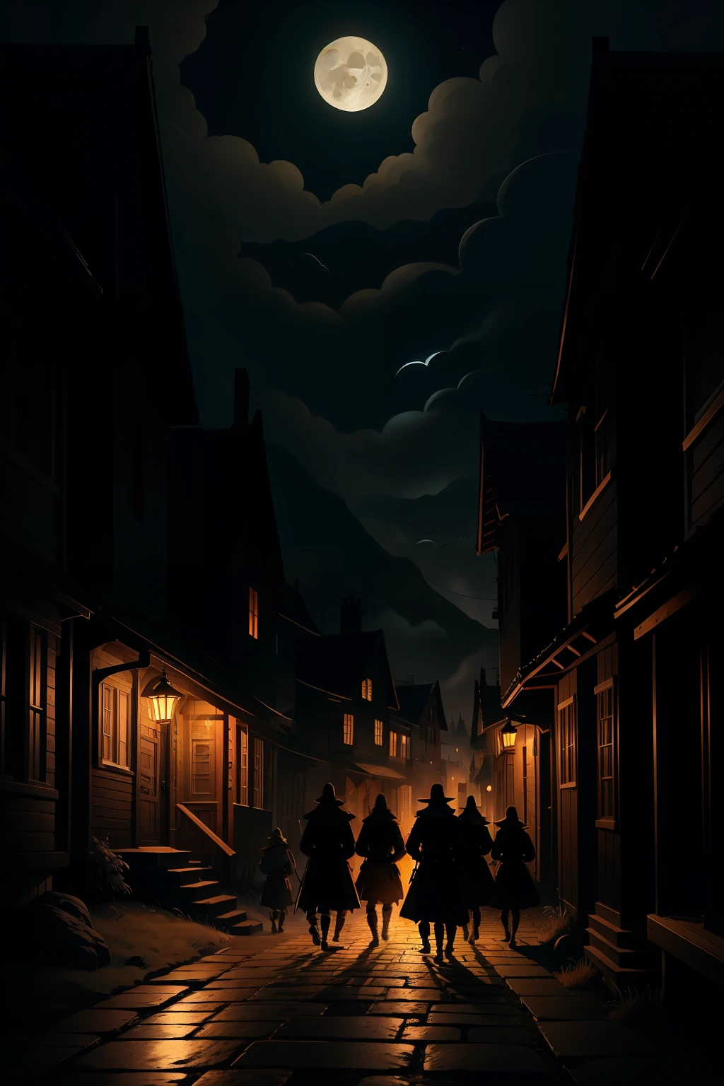 A group of valiant friends, their faces illuminated by lanterns, walk towards the entrance of a house, their courage radiating as they delve into the night. The cobblestone path beneath their feet seems to echo the rhythm of their determined steps. They wear rough, weathered clothing, the colors of dusk, lending an air of ruggedness to their appearance. Despite the ominous setting, their teamwork and camaraderie are evident, their spirits unbroken. Their destination, a mystery shrouded in the shadows, awaits them. The moon casts a pale light, creating a Dutch angle that accentuates the dramatic atmosphere. The silhouette of the house looms