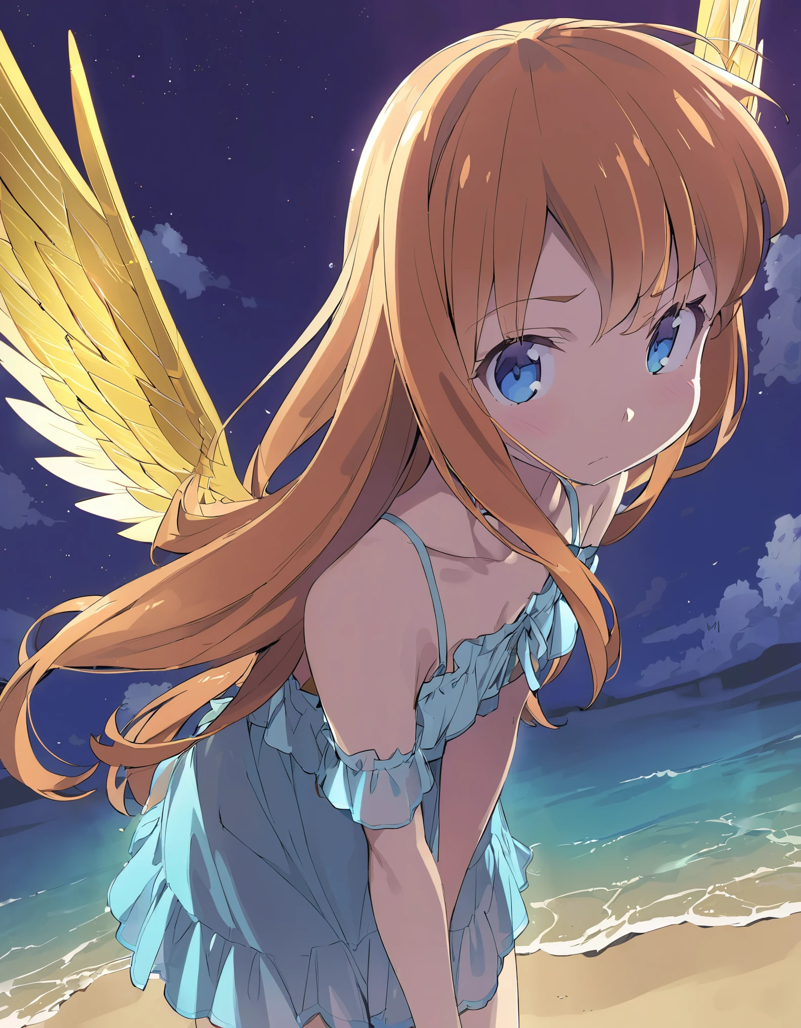 Golden-winged angel wearing a negligee Orange Hair Blue Eyes Sandy Beach anime