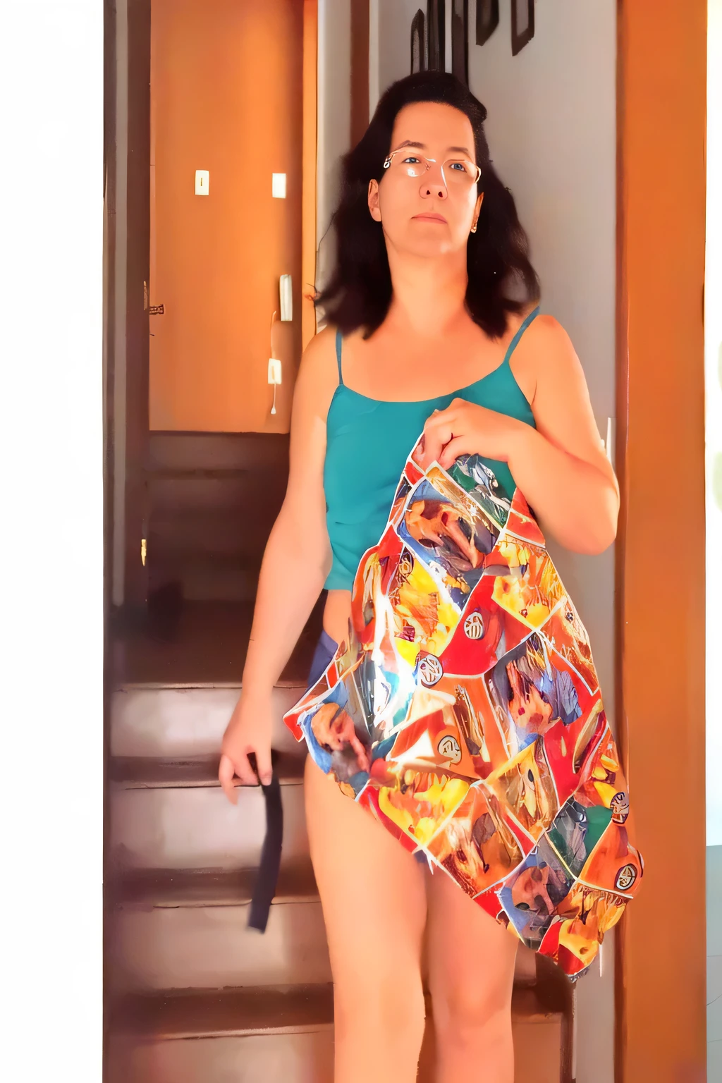 arafed woman in a blue tank top carrying a bag of comics, near the beach, in retro swimsuit, the woman holds more toys, 45 year brazilian mother, gif, is wearing a swimsuit, she is about 40 years old, hot fire giantess, she is about 40 years old, wet swimsuit, carrying big sack