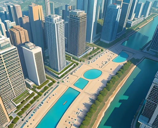 ((masterpiece)),((best quality)),((high detail)),((realistic,)), photograph satellite view Angle of photograph from above Angle of the Sky .
Modern city, street architecture, ocidental architecture, beach, modern prices, 5-star hotels, squares with statues.