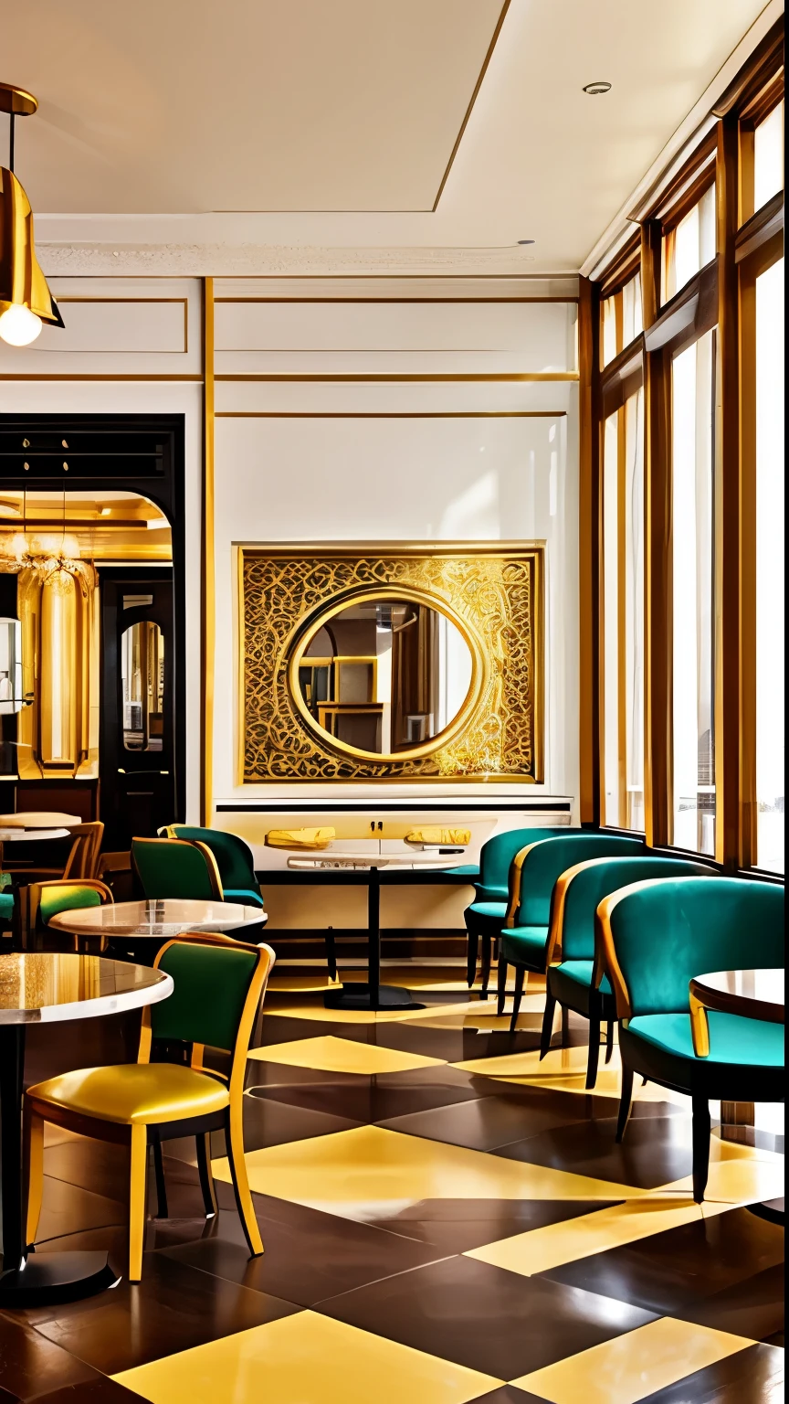 The interior of a café, with tables, chairs and decorative elements intermingling in a colorful swirl of golden highlights.