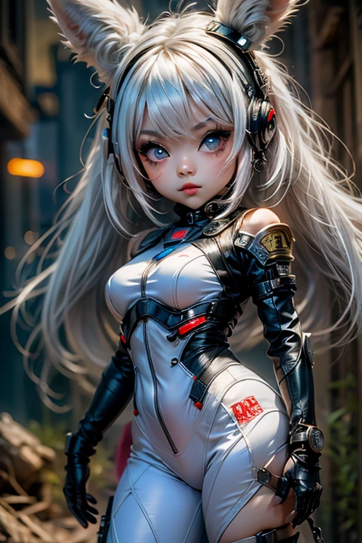 single,1woman\((chibi:1.8),cute,kawaii,,(white hair:1.7),(very long hair:1.7),bumps,(ear\(fluffy white Rabbit-ear\):1.3), (red eye),big eye,beautiful bright eye,white skin color,big hair bow,(suit\(combat suit, (very tight :1.5),(show body line:1.2),weapons\ )), BREAK ,Background\(rubble city,(close up woman), BREAK ,quality\(8K,extremely detailed CG unit wallpaper, masterpiece,high resolution,top-quality,top-quality real texture skin,hyperrealistic,increase resolution,RAW photos,best quality,very detailed,wallpaper,golden ratio\)