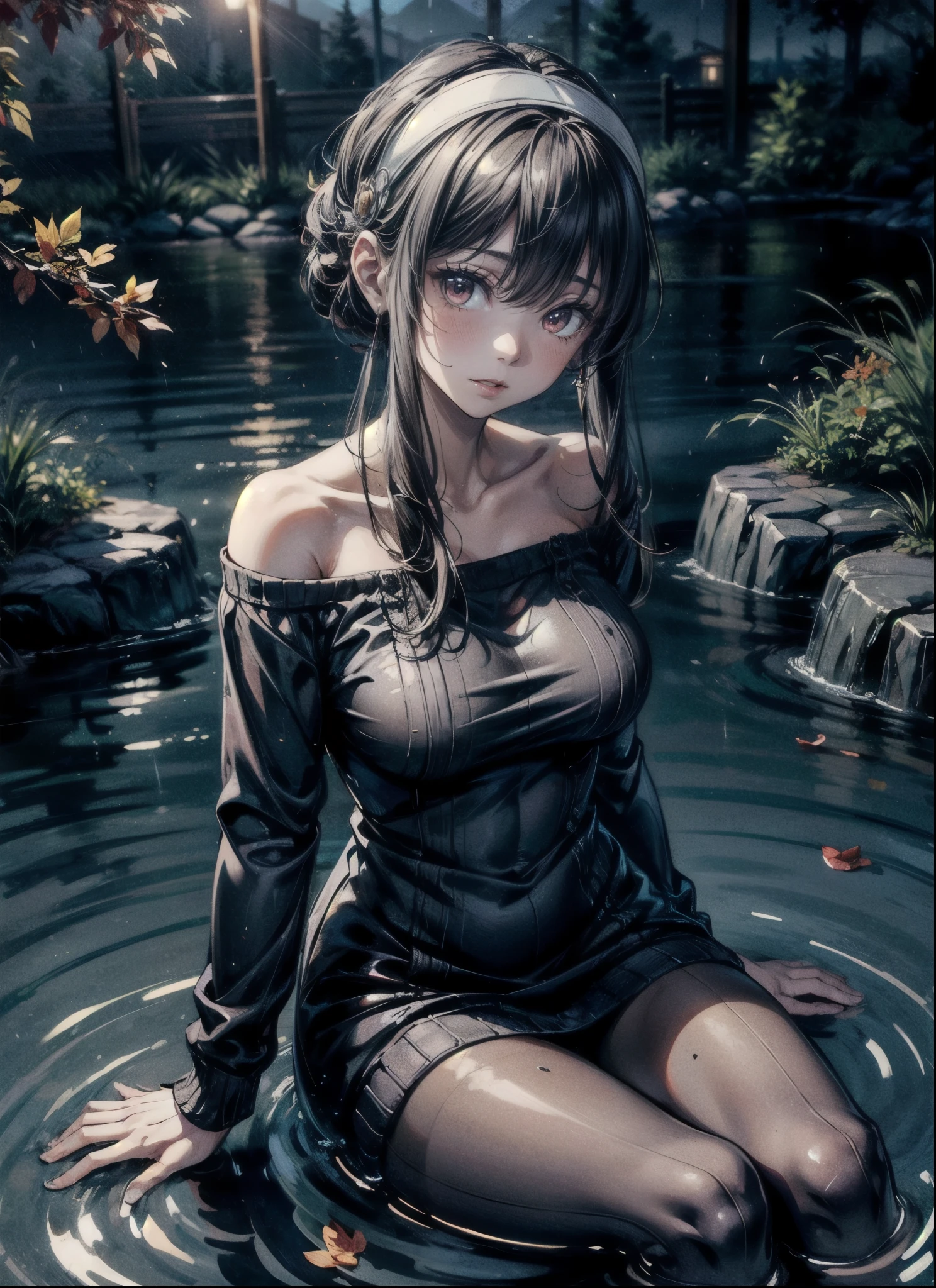 By a small lake in a forest, a beautiful woman with a white pink and plump body, facing the camera head-on, wearing black lace-trimmed underwear, a black transparent light gauze on her clothes, squatting with her legs in the shape of "M", holding a bottle of water in her hand, spitting out her tongue, pouring water on her tongue, the beautiful woman's body was wet with water, her whole body was covered with water droplets, and some water formed a small pool of water on the beautiful woman's big breasts