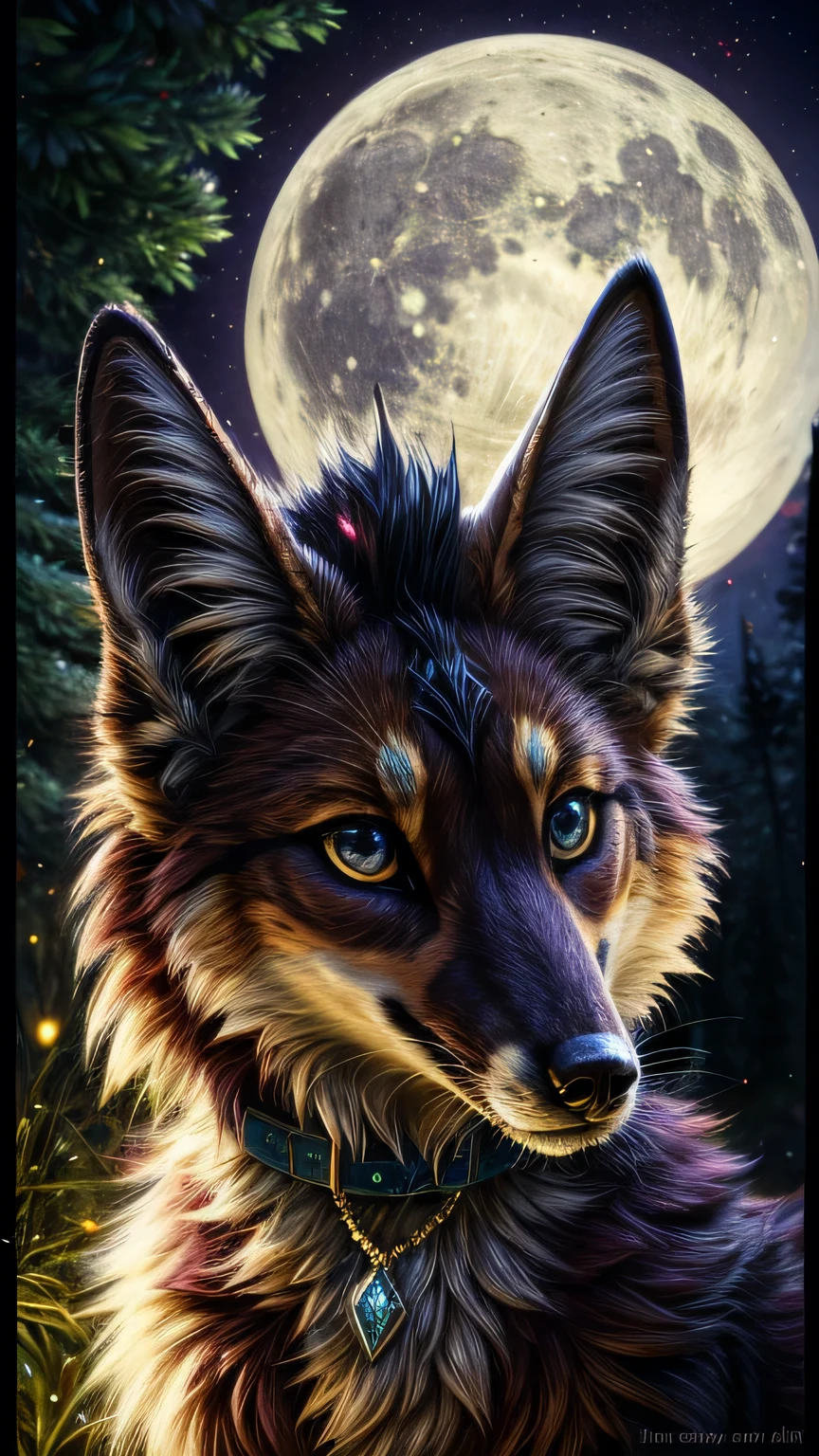 with four legs, a very cute, (maned wolf cat forest fox hybrid animal), solid rich deep brown fur color, very dark forest trail, multi-shades of maroon night flowers that border the trail, wearing a glowing enchanted gemmed collar with bioluminescent blue diamond collar pendant, bioluminescent, full moon-lit, iconography, hints of maroon color, ultra detailed, beautiful and aesthetic, High quality, beautiful, masterpiece, best quality, (zentangle, mandala, tangle, entangle :0.6), 24k resolution, photorealistic.