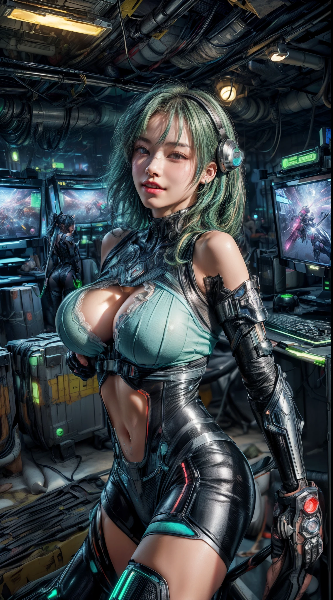 ((((Different angles of view:1.2))))、(((Mr.々A pose:1.2)))、((barcode))、(((Different actions:1.5)))、(smile)、Mature Woman、masterpiece,highest quality,Very detailed,(((Big Breasts)))、((Art Movement:1.2))、bite、(Abdominal muscles)、((Light green hair))、((((Trendy hairstyles)))), ((Near future)),((sf)),Machinery Parts、((white, Ultra-tight plug suit with detailed decoration))、(((Shingard、Elbow Guard、Knee guard、Chest Guard、Shoulder guard、protector)))、Very beautiful woman、headset、(((Glowing Electronic Suit)))、Slender women、((cyber punk))、(((Digital Metaverse)))、((Dark virtual space))、((Neon color))、(Lots of monitors)、((Fluorescent lights in a server room))、((Lots of electronics))、(((Connect with code)))、(Detailed face)、Realistic Skin、((Delicate photo)),(少女のmasterpiece、Photo Details:1.25), (highest quality:1.6), (超A high resolution:1.5), (Realistic:1.75), 8K resolution, Canon EOS R5, 50mm, Absurd, Very detailed,Cinema Lighting,Browsing Caution:0.4、((Powered Suit))