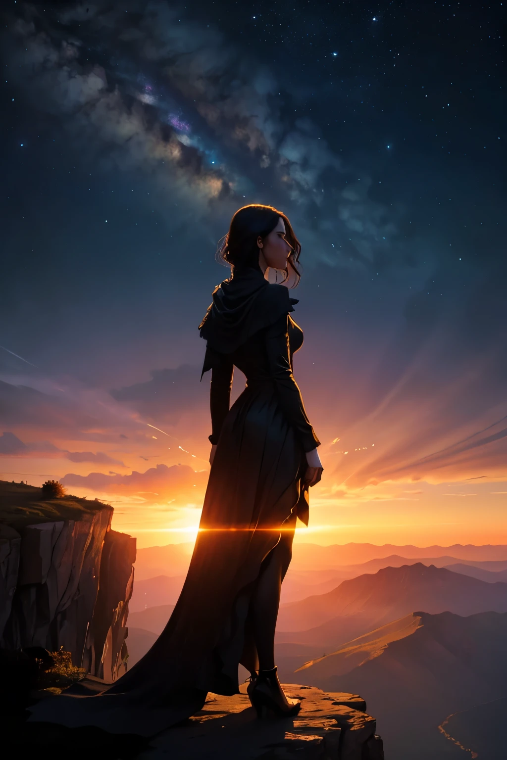 A solitary figure stands at the precipice of a cliff, captivated by the resplendent hues of the sunset painting the sky above. The warm colors cast a golden glow upon the subject, their silhouette framed by the panoramic vista. As they continue to marvel at the breathtaking scene, a radiant shadow emerges from behind, its luminous form appearing like molten gold, shimmering and pulsating.

The entity eases forward, its movement silent and measured, until it gently brushes against the figure, gradually merging with them. The person experiences a sudden surge of emotion, a blend of fear and wonder coursing through their veins as their two forms