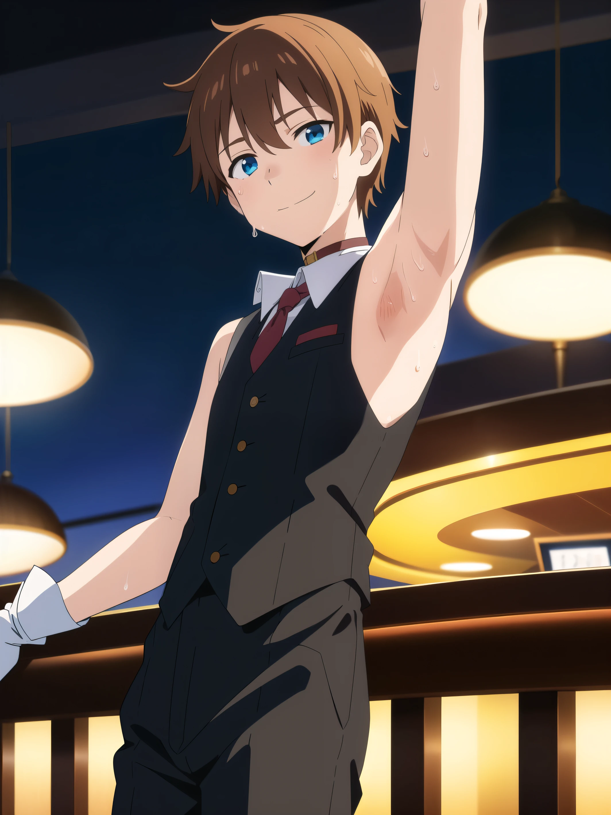 Highres, Masterpiece, Best quality at best,Best Quality,hight quality, hight detailed, Anime style, 1boy, Boy, Shota, Solo person, Sleeveless vest, Narrow shoulder, Tie, Gloves, Choker, Casino, Waiter, night day, Slim body, smile, sweat, Body, Simple beckground, Seen from the front, (Showing armpit:1.3), (very young boy), (very small and short body)