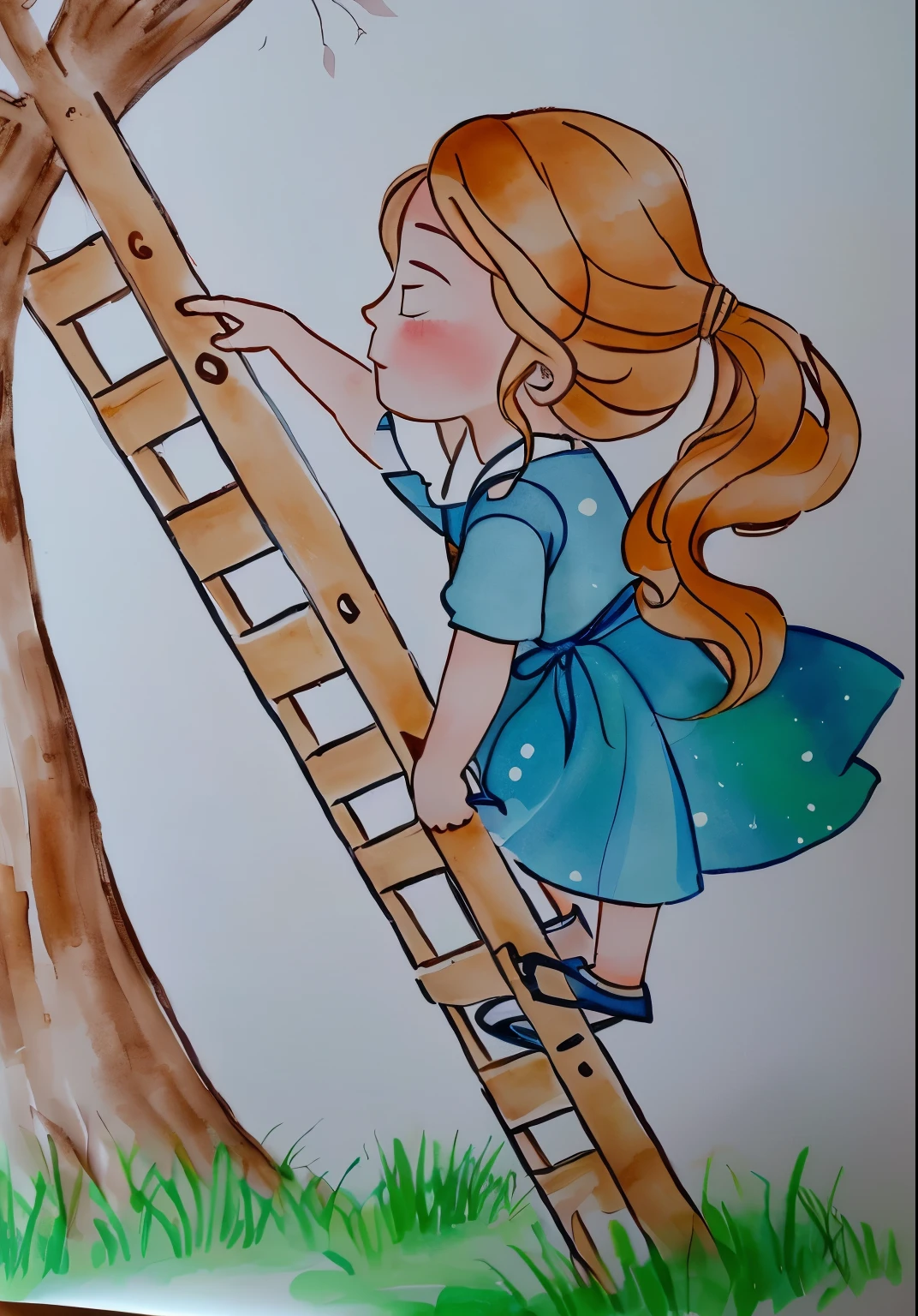 drawing of a girl climbing a escada up a tree to reach a branch, inspirado em Claire Hummel, inspirado em Elsa Beskow, inspirado em Jessie Newbery, escada, standing on a escada, inspirado em Sophie Anderson, escadas, inspirado em Cicely Mary Barker, desenho de livro , inspirado em Naka Bokunen, illustration
