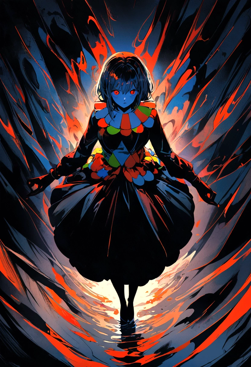 anime, girl with tattoo wearing clown outfit, looking at camera, full body, top view angle, perfect hands and fingers, highly detailed painting, rich colors, high contrast, atmosphere gloomy, dark background.