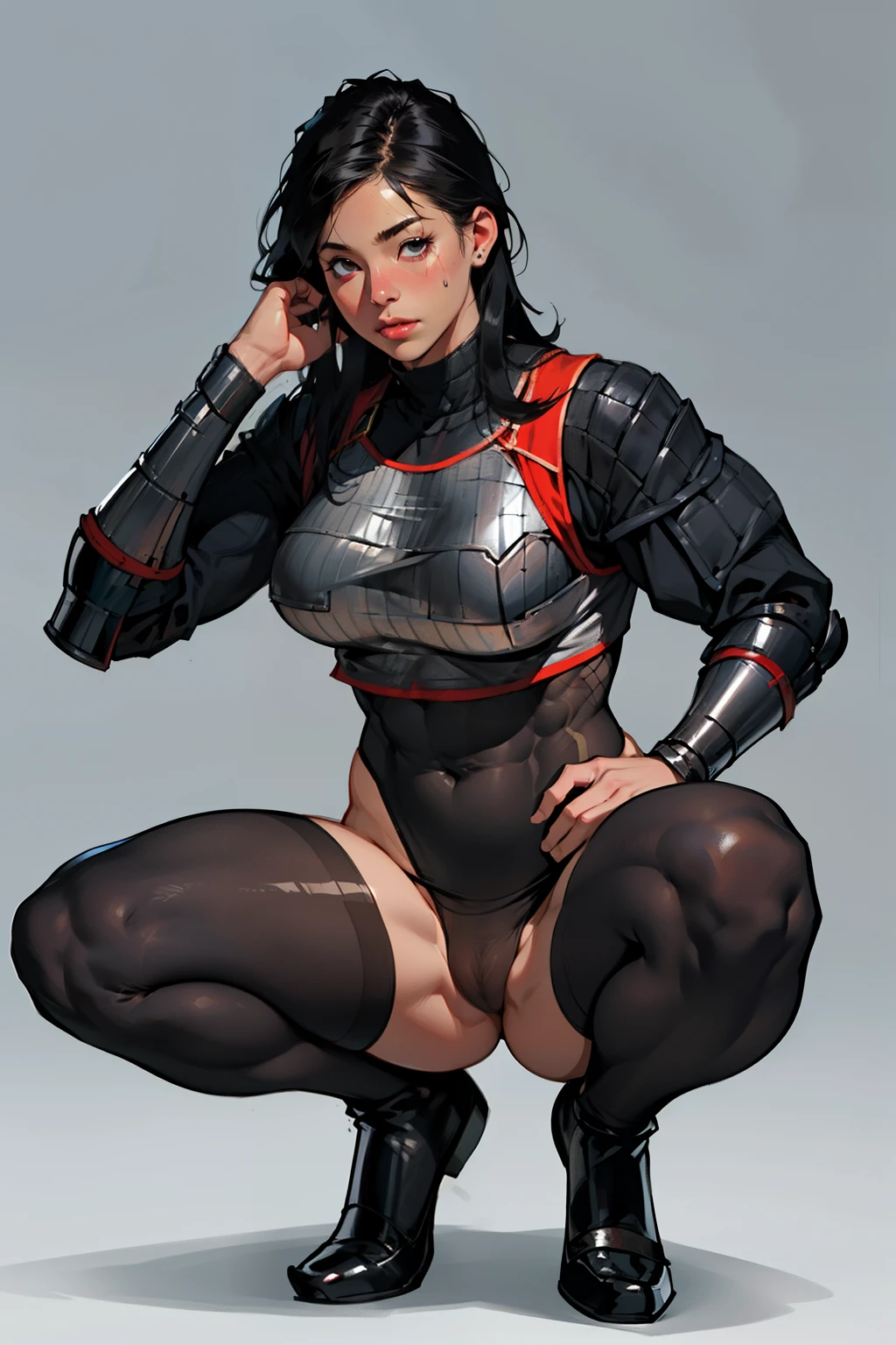 (high resolution, pixel perfect, gorgeous illustrations), (hyper quality, muste piece, etheric: 1.4), ((solo, 1girl)), ((nsfw)), (((((squatting))))), cool atmosphere, long black hair, ((Exquisite face)), ((((vulgarity)))), (((((((muscular))))))), ((thick thighs)), (((wide hips))), ((Big breasts that are about to burst)), fighter, (((wh_chi_armor))), ((black_zentai, black_bodystocking)), see through, ((cameltoe)), shiny skin, gleaming skin, sweat, simple background,