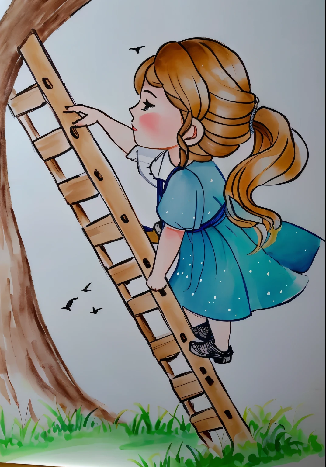 drawing of a girl climbing a escada up a tree to reach a branch, inspirado em Claire Hummel, inspirado em Elsa Beskow, inspirado em Jessie Newbery, escada, standing on a escada, inspirado em Sophie Anderson, escadas, inspirado em Cicely Mary Barker, desenho de livro , inspirado em Naka Bokunen, illustration 