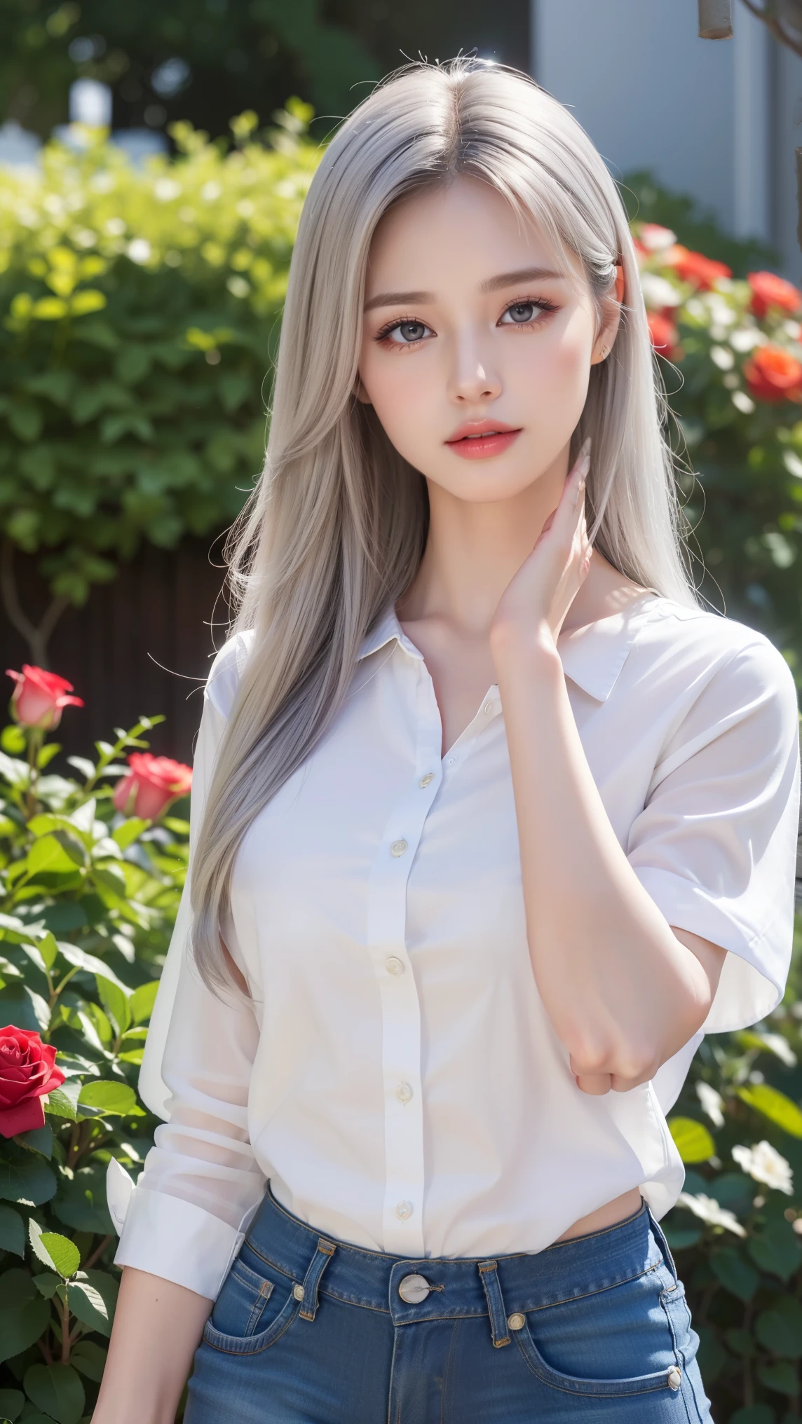((Girl taking care of flowers in the garden))、top quality work,Actual work,Ultra Premium Graphics,8K HD CG works,High quality graphics,High-definition CG works,super fine details:1.1,Advanced technical details:1.1Photo-realistic,Natural light:1.5. light effect(virtual light effect:1.8),超A high resolution,長いsilver hair,silver hair,transparent hair,high detail hair(premium hair detail:1.1)clear eyes,beautiful double eyelids,sharp eye makeup, delicate eyelash makeup, thin eyebrows, highly detailed eyes,high nose, nice red lips, rose cheeks, A face with delicate makeup , cute face, perfectly proportioned face,(Advanced facial details:1.1),shiny,summer sexy、((whiteTshirt)),((Jeans tiletto heels,woman'artwork of,full body figure,realism,wonderful,My eyes are shining today