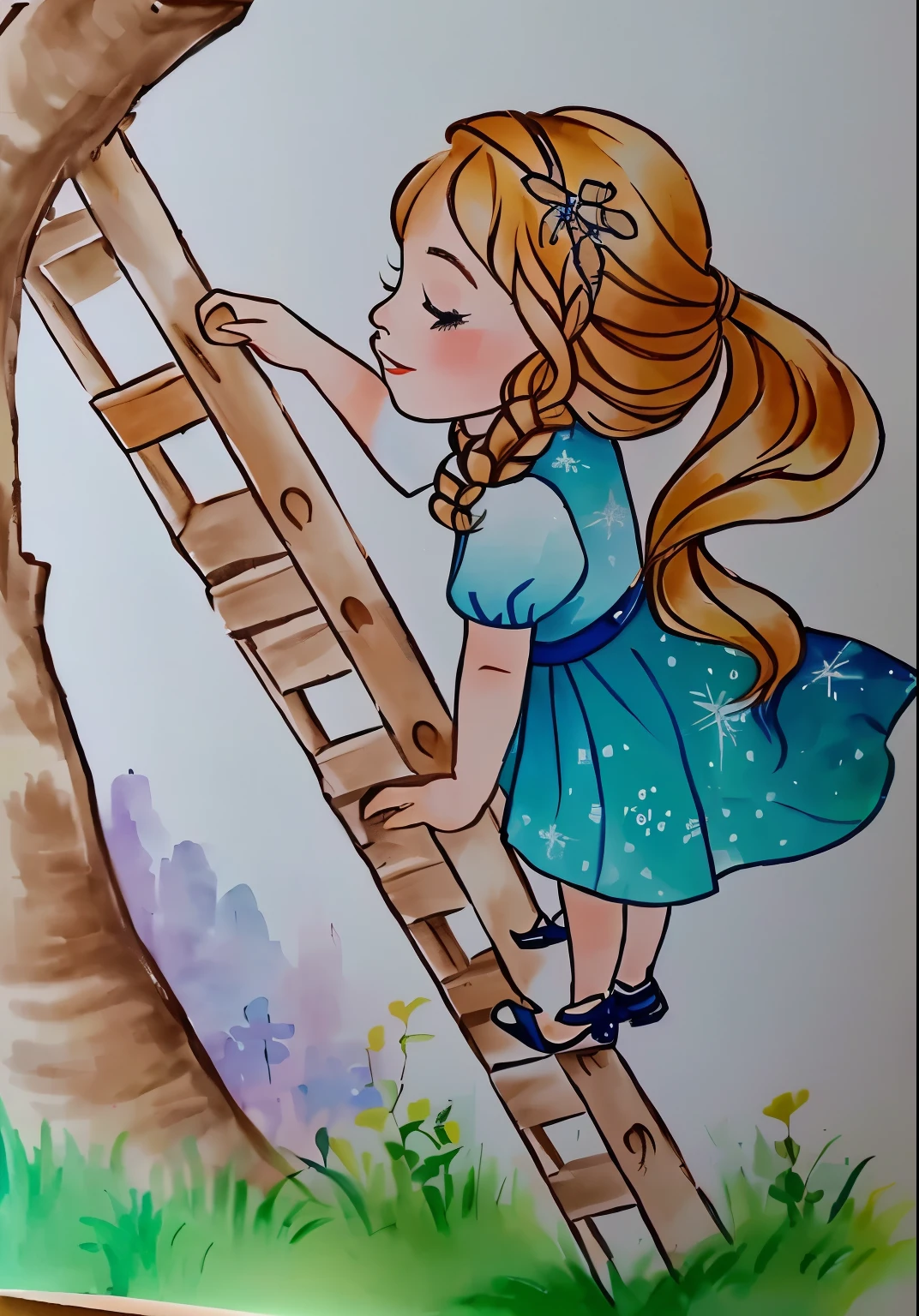 drawing of a girl climbing a escada up a tree to reach a branch, inspirado em Claire Hummel, inspirado em Elsa Beskow, inspirado em Jessie Newbery, escada, standing on a escada, inspirado em Sophie Anderson, escadas, inspirado em Cicely Mary Barker, desenho de livro , inspirado em Naka Bokunen, illustration