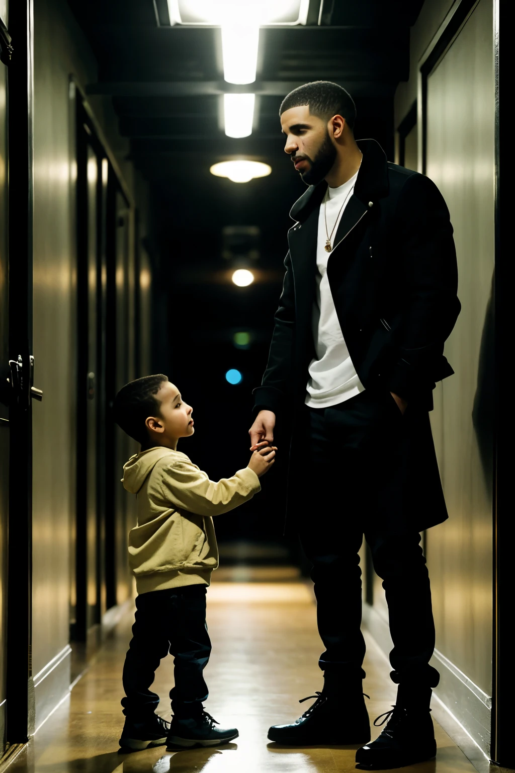 Drake meeting up with a little kid in a dark hallway