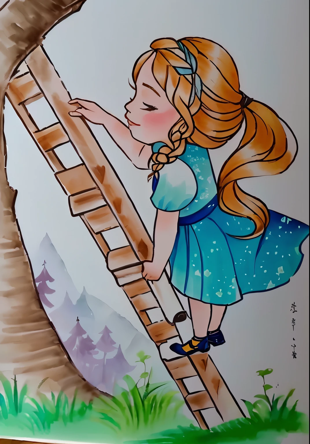 drawing of a girl climbing a escada up a tree to reach a branch, inspirado em Claire Hummel, inspirado em Elsa Beskow, inspirado em Jessie Newbery, escada, standing on a escada, inspirado em Sophie Anderson, escadas, inspirado em Cicely Mary Barker, desenho de livro , inspirado em Naka Bokunen, illustration