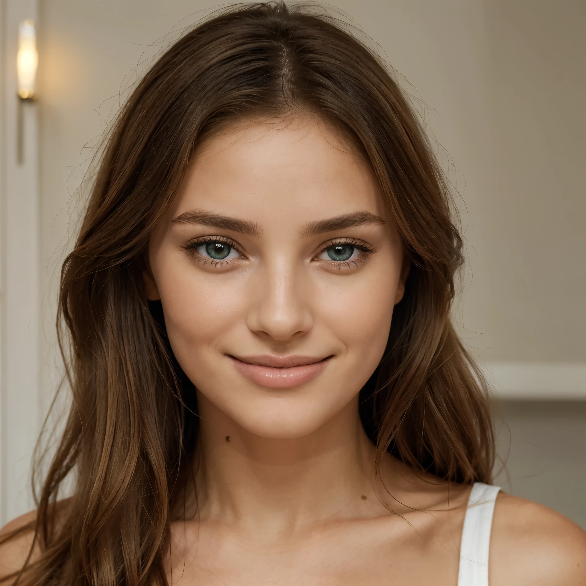 Créez une image réaliste d'une femme parfaite et très attirante, vue de face. Elle doit avoir une beauté classique avec des traits harmonieux. Ses yeux doivent être captivants et expressifs, de couleur bleu-vert. His smile should be warm and charming, with full, well-defined lips. Her skin should be clear and glowing, with a slightly golden complexion. Elle doit avoir des cheveux longs et soyeux, slightly wavy, light brown in color. Son visage doit être encadré par des mèches délicates. She wears subtle makeup that highlights her natural features without being too overpowering..