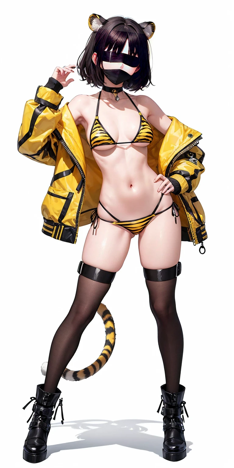 (white background:1.2) 1soloMILF BIMBO full body yellow tiger bikini black choker blindfolded blindfold blind mask