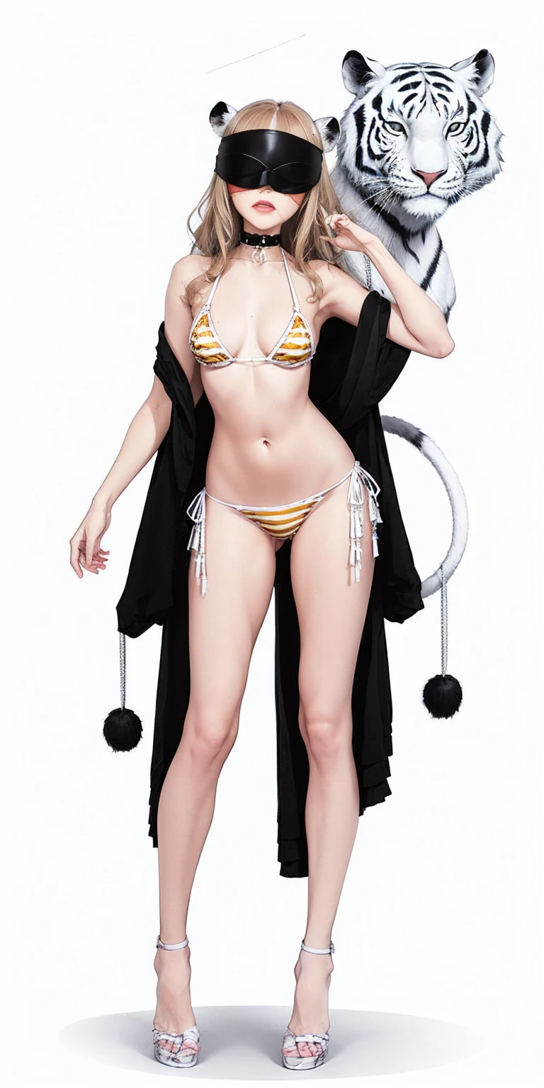 (white background:1.2) 1soloMILF BIMBO full body yellow tiger bikini black choker blindfolded blindfold blind mask