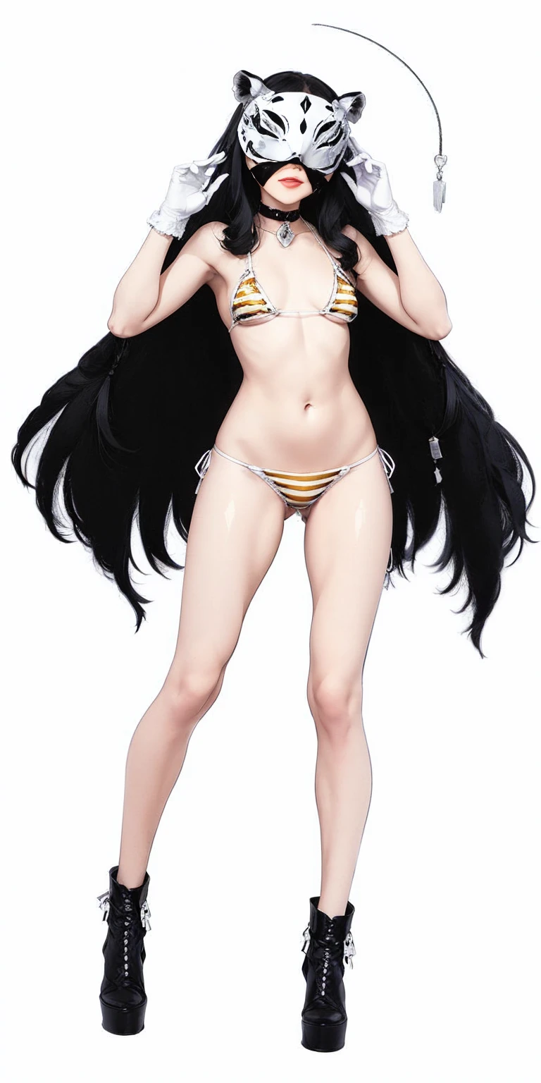 (white background:1.2) 1soloMILF BIMBO full body yellow tiger bikini black choker blindfolded blindfold blind mask