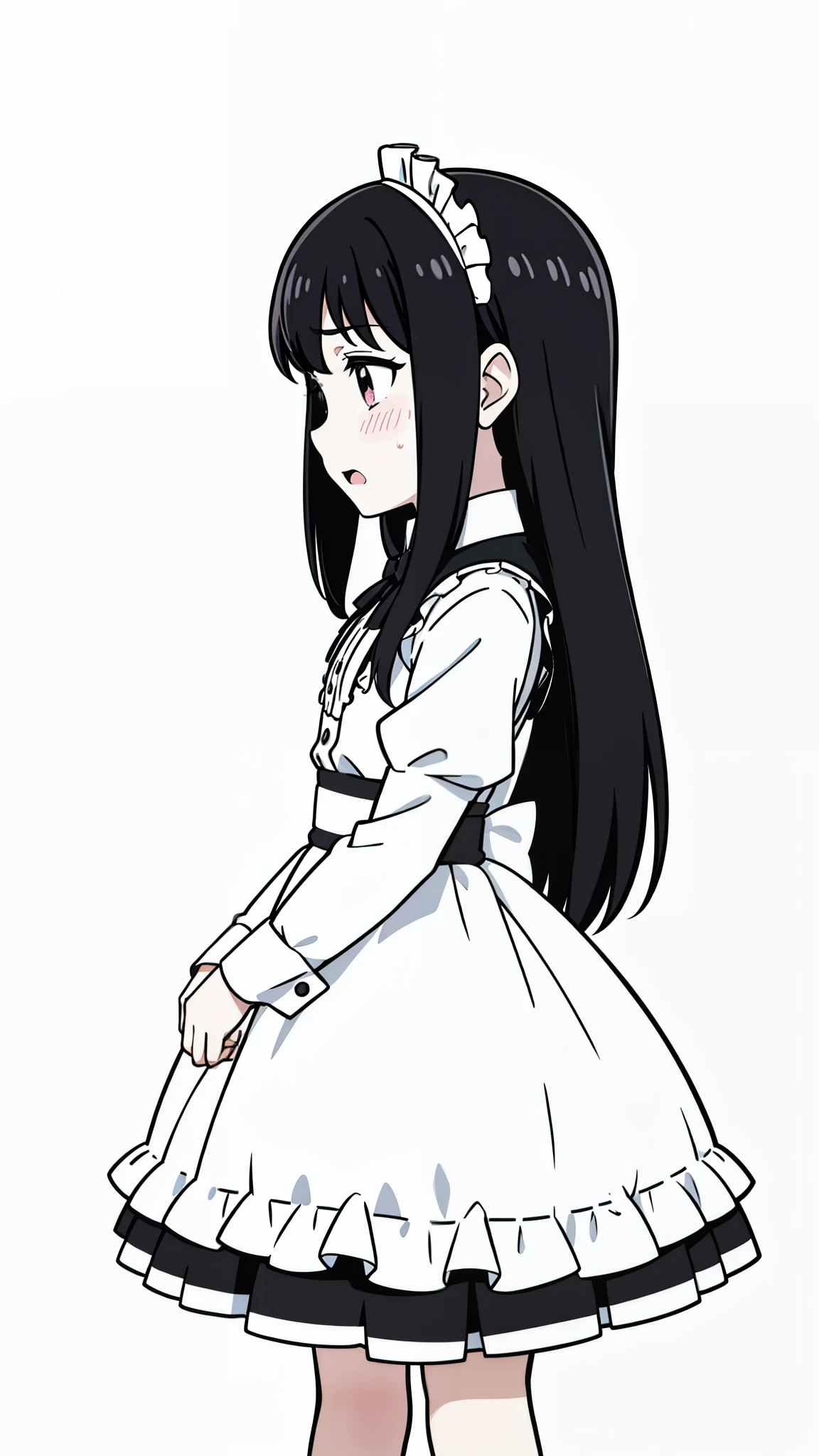 (1girl,8 years old,small,kid),black hair,long hair,maid outfit,holding your own hands,sad,blush,open mouth,(white background,line drawing),profile