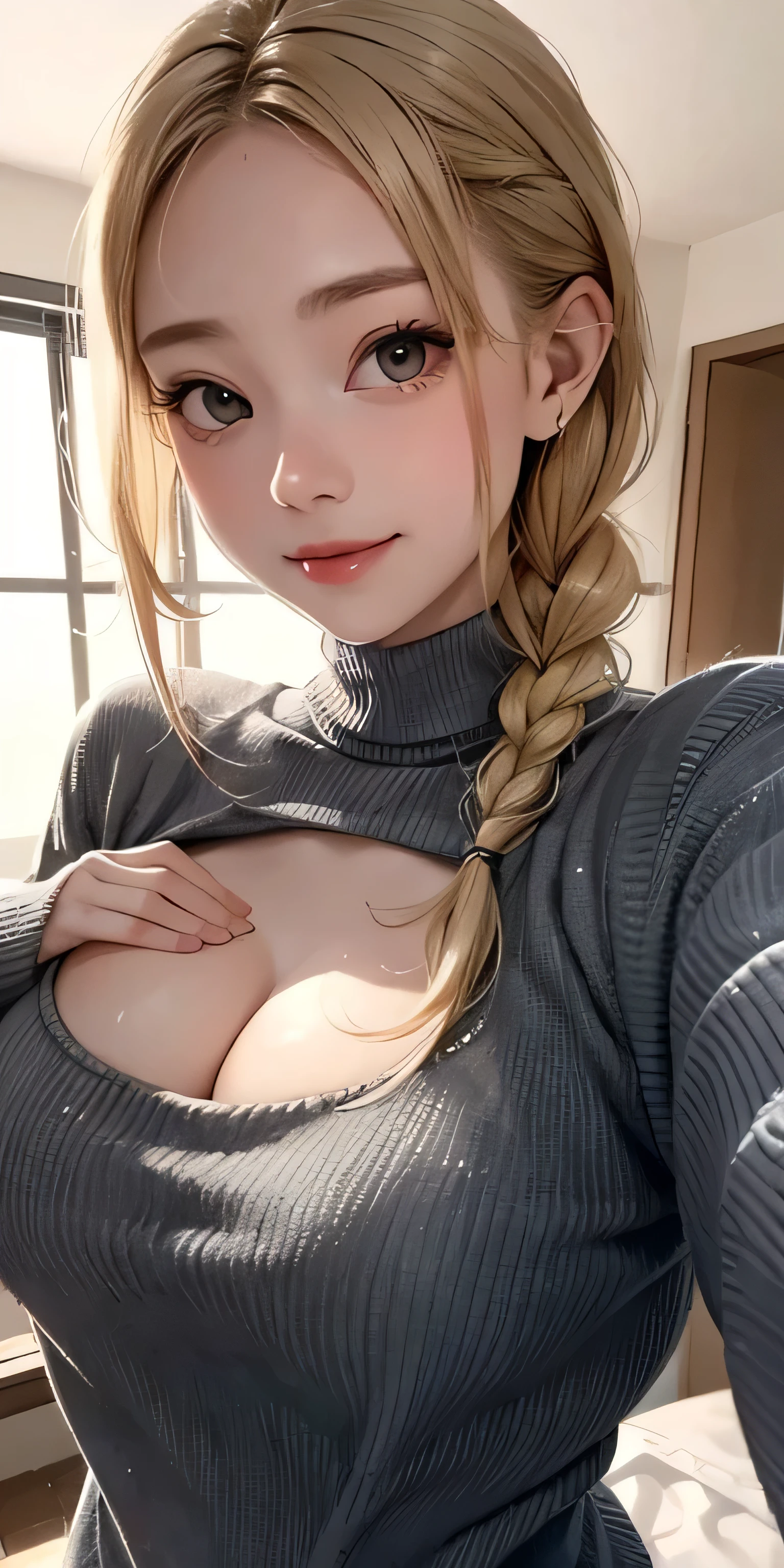 realisticlying、Emphasis on cleavage、 Sideways view、Close-up looking up from below、a 18 year old girl(((Grab your chest with both hands)))、Wearing a gray sweater、Breasts enlarged、A slight smil、Sexy Posing、I'm sweating、Redness of cheeks、Blonde braided hair、Bedrooms、sexly