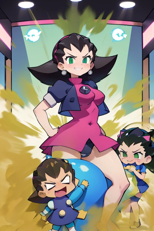 tron_bonne_megamanl, black hair, default hair, green eyes, default outfit, pink outfit, huge breasts, big body, farting, massive fart, velocity, embarrassed, leaning, clenching teeth, smiling, alone in a room, powerful fart, skirt blowing