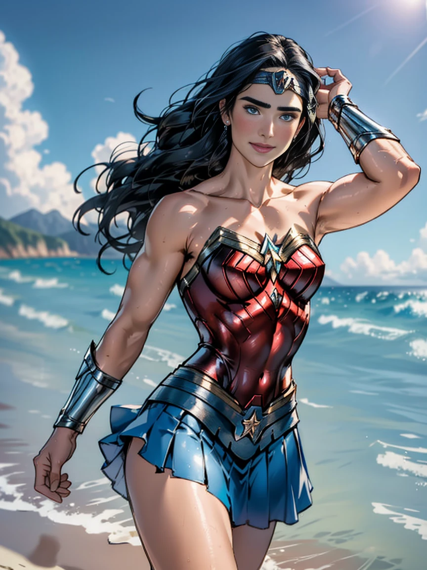 Masterpiece, Jennifer Connelly, cowboy shot, wearing a sexy Wonder Woman leotard, small Wonder Woman skirt, perfect detailed eyes, delicate smile on your face, on a windy and sunny beach with palms and a tranquil sea on the horizon.