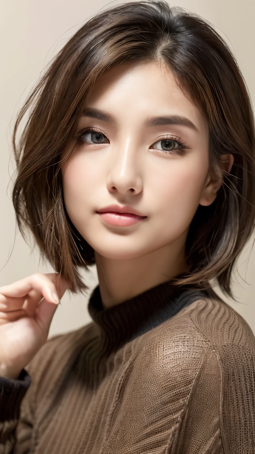 (very claborate CG Unity 8K wallpaper,best quality, ultra detailed,masterpiece:1.5),upper body,very beautiful face,very cute face,small face,japanese 1girl,(full body:1.2),25years old,looking at viewer,round face,shiny hair, soft hair,light brown short bob cut hair,floating hair,textured skin,fair skin,small face,wise eyes,mesmerizing eyes,light brown eyebrows,,sharp eyebrows,pouty lips,coy smile,A person with a tender and soothing facial expression,black summer sweater,widepants,casual style