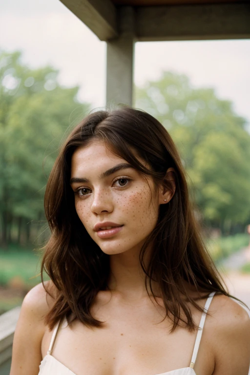 Stunning brunette woman with freckles, Portra 400 film photo, analog inspiration