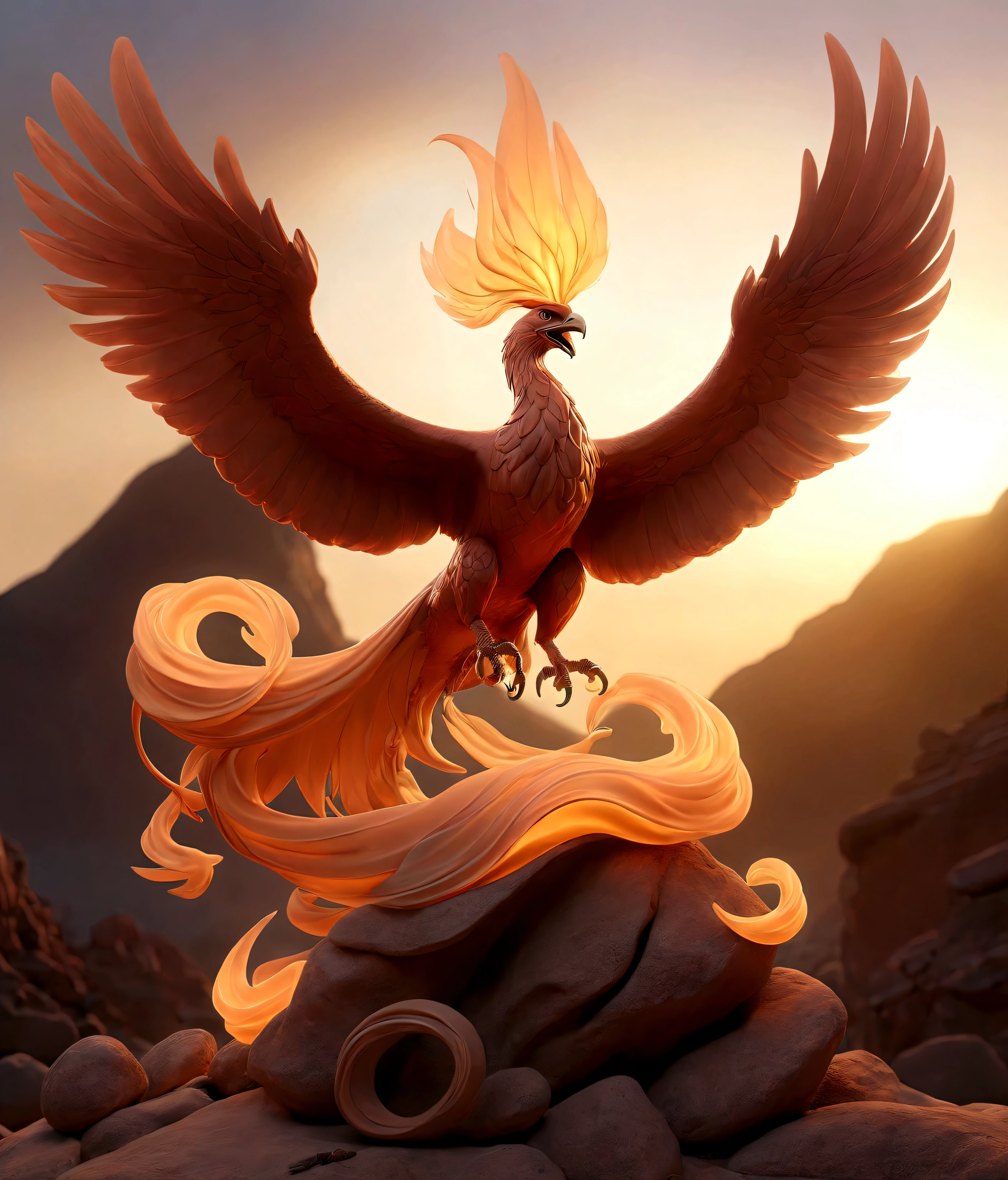 A cinematic photograph of the word "Sim, not creole" em chamas ardentes, suspended ween swirls of smoke, against the backdrop of a majestic phoenix emerging from helhotographed in a mystical, dimly lit atmosphere at sunset on a rocky cliff overlooking a distant , resplendent desert landscape, with the warm, golden tones of the sunset casting an ethereal glow, infused with deep red and amber tones and subtle shadows, as if captured in an ancient and fantastic prophecy.