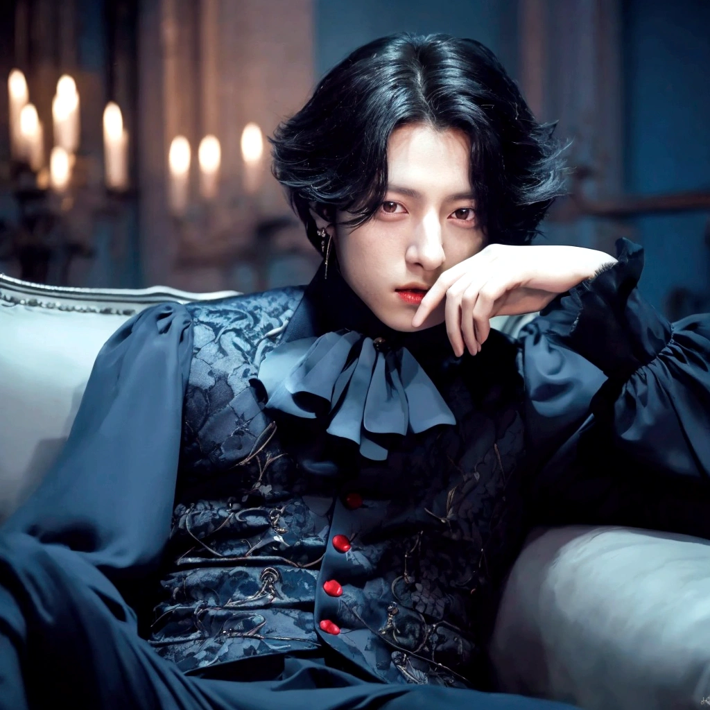 Jungkook de BTS, May your hair be magical azure blue, white eyelashes and red eyes, that exudes elegance everywhere like a prince