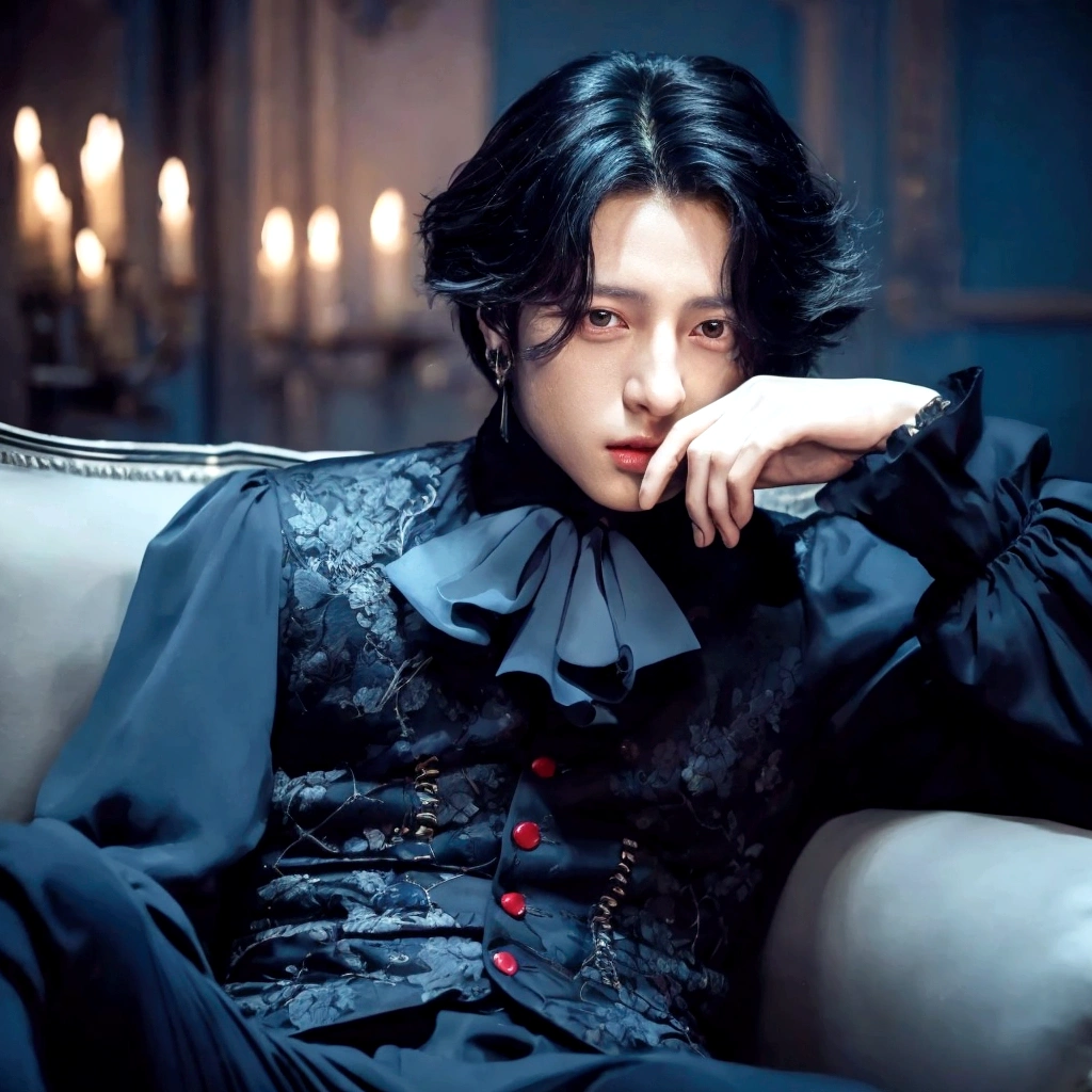 Jungkook de BTS, May your hair be magical azure blue, white eyelashes and red eyes, that exudes elegance everywhere like a prince