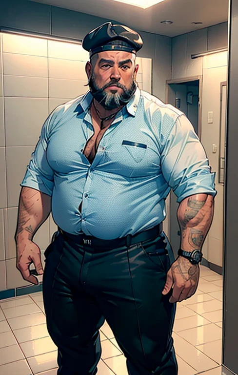masutepiece,High quality,Highly detailed,intense scene, solid, Gritty reality setting for 50 year old sexy fat bearded man,full of sweat,Full body,Big belly,((Wearing a white shirt and white trunks)),Stunned face,Open the legs,In the darkness, Varied Camera Angles in Photography. Only chubby daddy, Chubby Bear daddy, extremely thick thighs, large belly, fat, age 50, 1 chubby man (homem completamente de costa , He is facing away from the viewer only with his back turned. He's bearded. gesturing with hands. gold chain around the neck, rings, clock, 💓, view from below, leather hat, armbands, leather cap,bondage outfit))), tattooed arms, full body tattooed, gesturing with hands towards the viewer, (((cenário Vandalized and vandalized public bathroom scenario, sujeira em todo o banheiro. Luz baixa, ambiente perigoso, ambiente sinistro))). Detailed image dynamic image. Masterpiece. Se acariciando, acariciando a virilha, tendo auto prazer. ????????????. Masturbando. sorriso pretensioso, Sorriso Sedutor, Peito peludo, copos,inside the office,(blue pattern boxers:1.4), ((camisa desabotoada, peito masculino exposto pela camisa aberta, The shirt is open, camisa branca aberta:1.5)), (gravata removida),(meias pretas:1.2