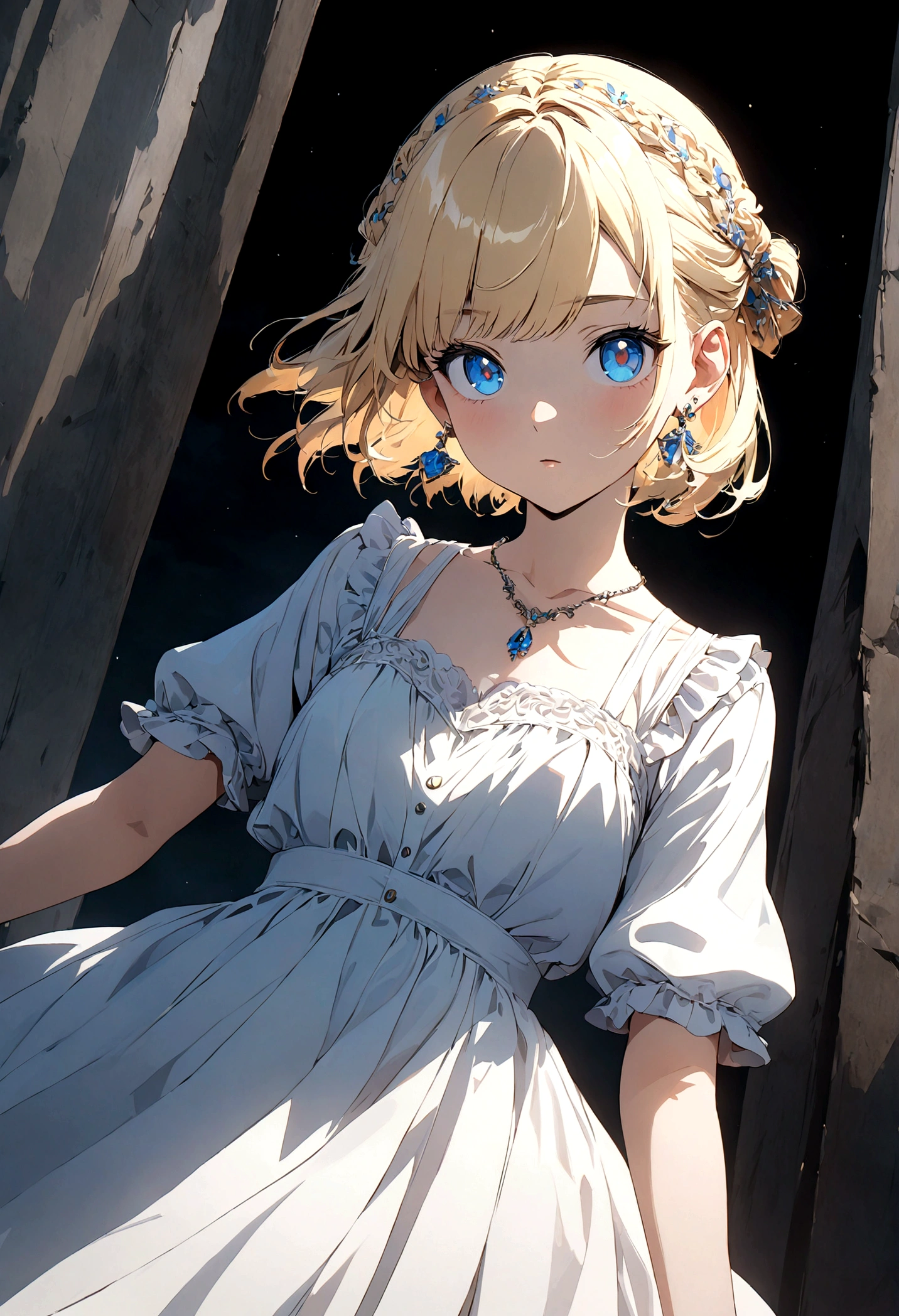 (best quality,8k,highres,masterpiece:1.2),ultra-detailed,anime art style,dynamic angle,teen style,collarbone,necklace,earrings, dress,ruffles,earrings,detailed blonde hair,extremely detailed blue eyes,intricate hairstyle,short hair,slim,bright eyes,young,hair accessories,earrings,half updo,slightly wispy bangs,detailed lighting,vivid colors,looking at viewer,centered in frame,cowgirl shooting
