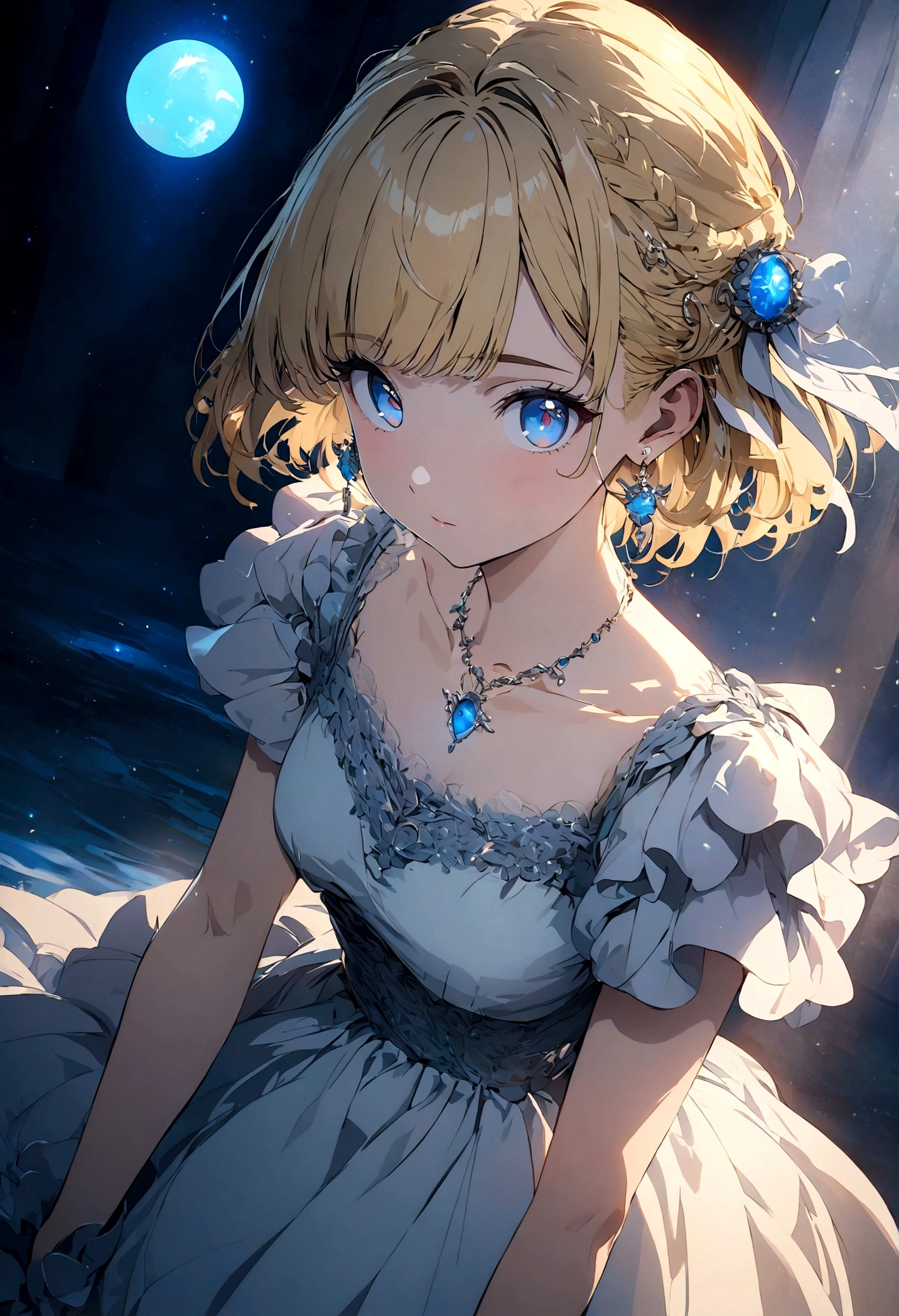 (best quality,8k,highres,masterpiece:1.2),ultra-detailed,anime art style,dynamic angle, style,collarbone,necklace,earrings, dress,ruffles,earrings,detailed blonde hair,extremely detailed blue eyes,intricate hairstyle,short hair,slim,bright eyes,young,hair accessories,earrings,half updo,slightly wispy bangs,detailed lighting,vivid colors,looking at viewer,centered in frame,cowgirl shooting