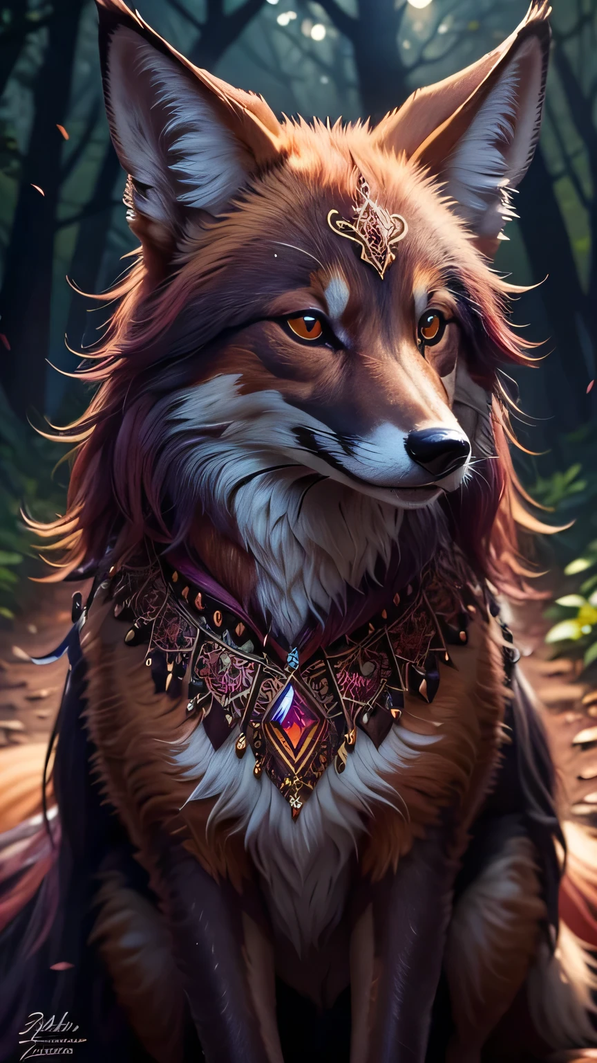 solo,(canine fursona),male,((golden fur)),soft fur,maned wolf markings,sock-like patterns,long legs,graceful pose,playful expression,golden retriever eyes,happy,toe claws,digitigrade,sitting,tail wagging,pink pawpads,collar,tags,clothing details,forest,sunlight,Golden Hour,perfect lighting,(best quality),(masterpiece),(ultra detailed),sharp focus,(detailed eyes),depth of field,day,Magical