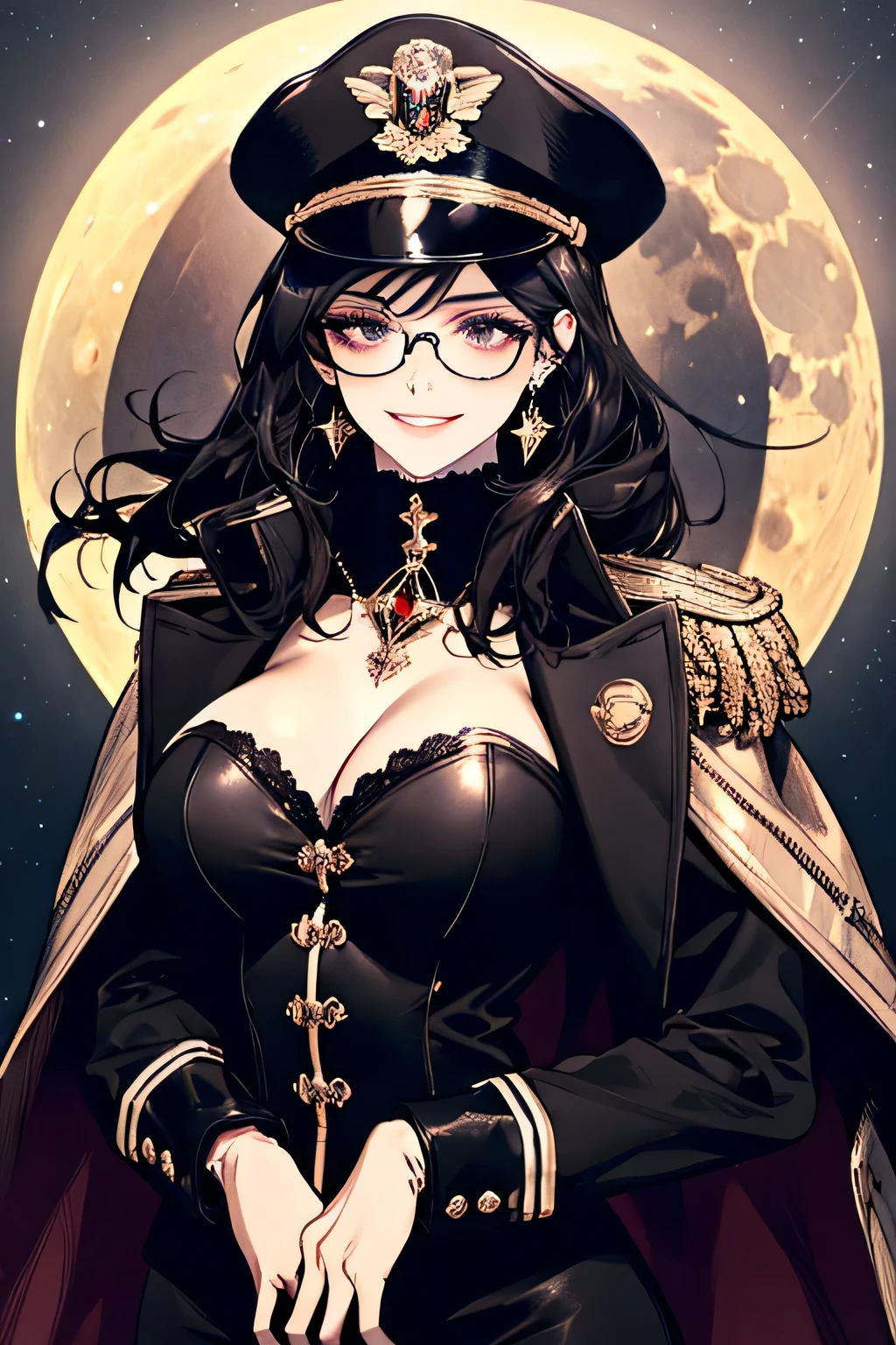 ( Detailed Description, High resolution，8k wallpaper，, masterpiece，highest quality,Depth of region)，Chest and face shot.                                                                     Beautiful young woman、so beautiful、Anatomically accurate depiction，Black Hair，Facial details、Glasses、Gold earrings in the ears，(Provocative smile),（She is wearing a black military cap..，Black military jacket、Black Leather Gloves）、(Big Breasts)、Cleavage，Accurate hand drawing.                          Full moon in the background，night，building.