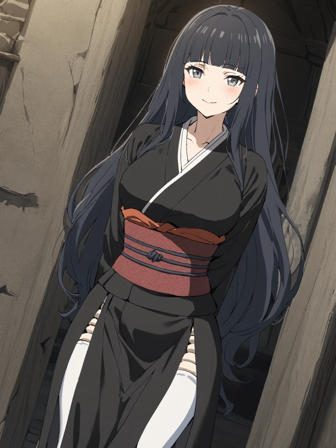 {{upper body, dutch angle}} {{Artist: sincos}} 1girl, solo, blunt bangs, parted bangs, black hair, very long hair, blunt ends, black kimono, obi, black gloves, long kimono, wide sleeves, grey eyes, smile, arms behind back, tall woman, mature woman, doll joints, white thighhighs, pov, medieval fantasy.