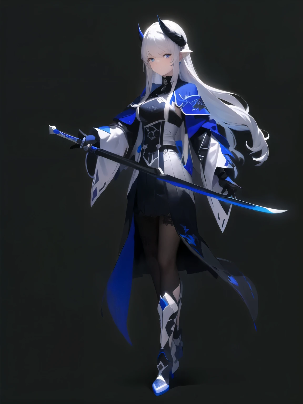 a close up of a girl holding a sword, long white hair, back and white dress with blue, blue eyes, black horns