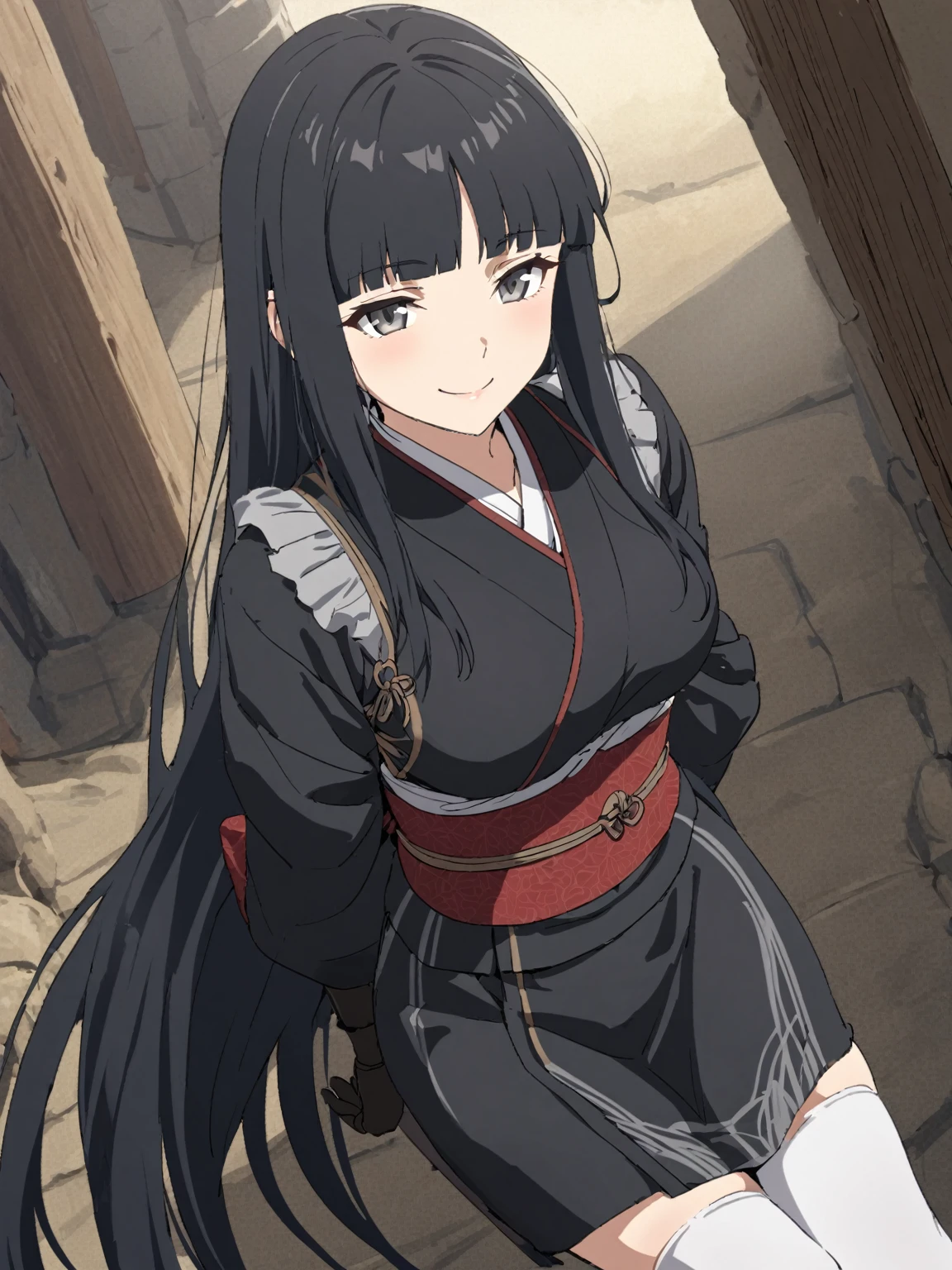 {{upper body, dutch angle}} {{Artist: sincos}} 1girl, solo, blunt bangs, parted bangs, black hair, very long hair, blunt ends, black kimono, obi, black gloves, long kimono, wide sleeves, grey eyes, smile, arms behind back, tall woman, mature woman, doll joints, white thighhighs, pov, medieval fantasy.