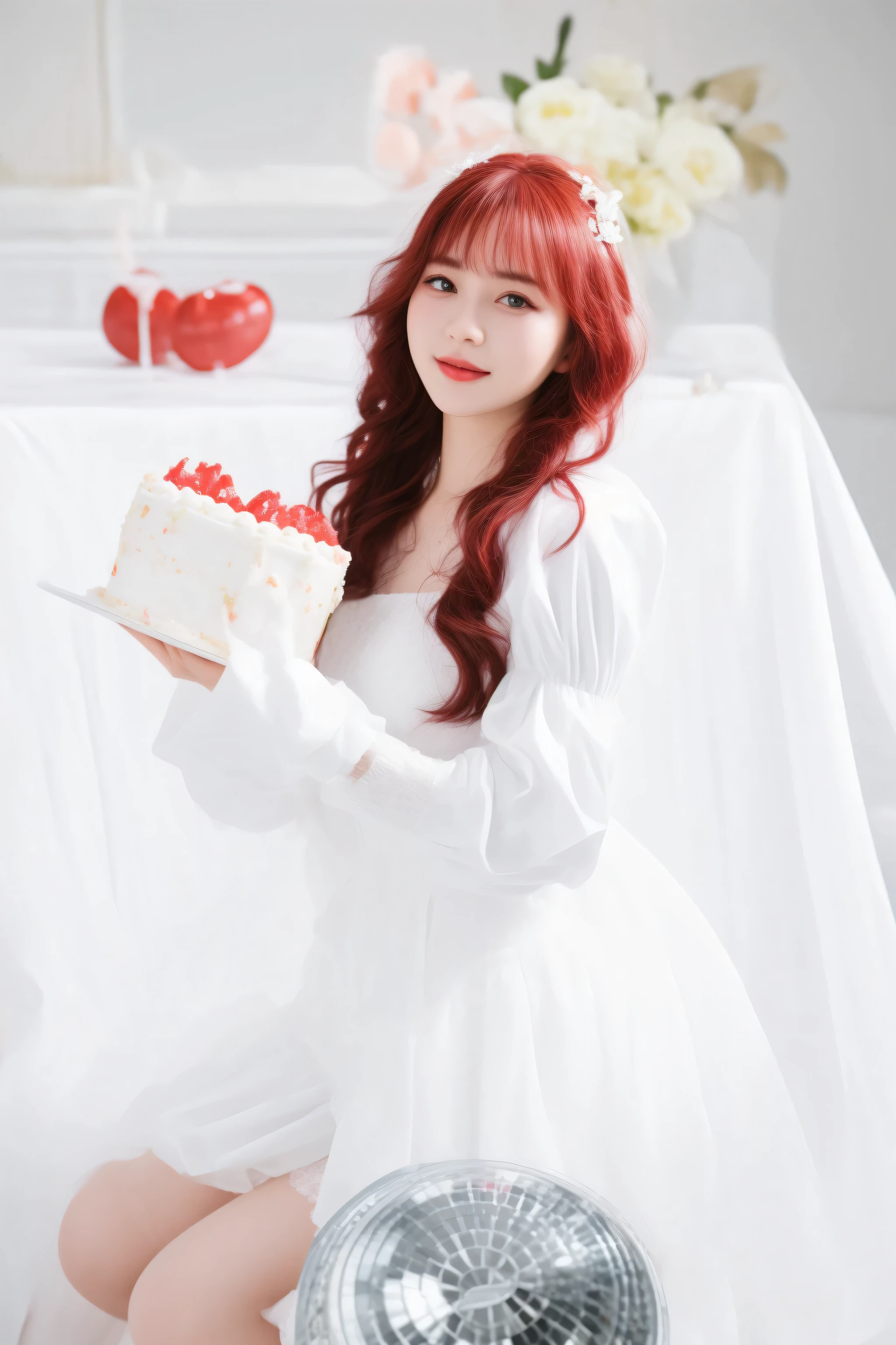 there is a woman in a white dress holding a cake, red velvet, holding a birthday cake, cake in hand, eating cakes, lalisa manobal, ulzzang, happy birthday, taken with canon eos 5 d mark iv, cake, belle delphine, shot with canon eoa 6 d mark ii, captured on canon eos r 6