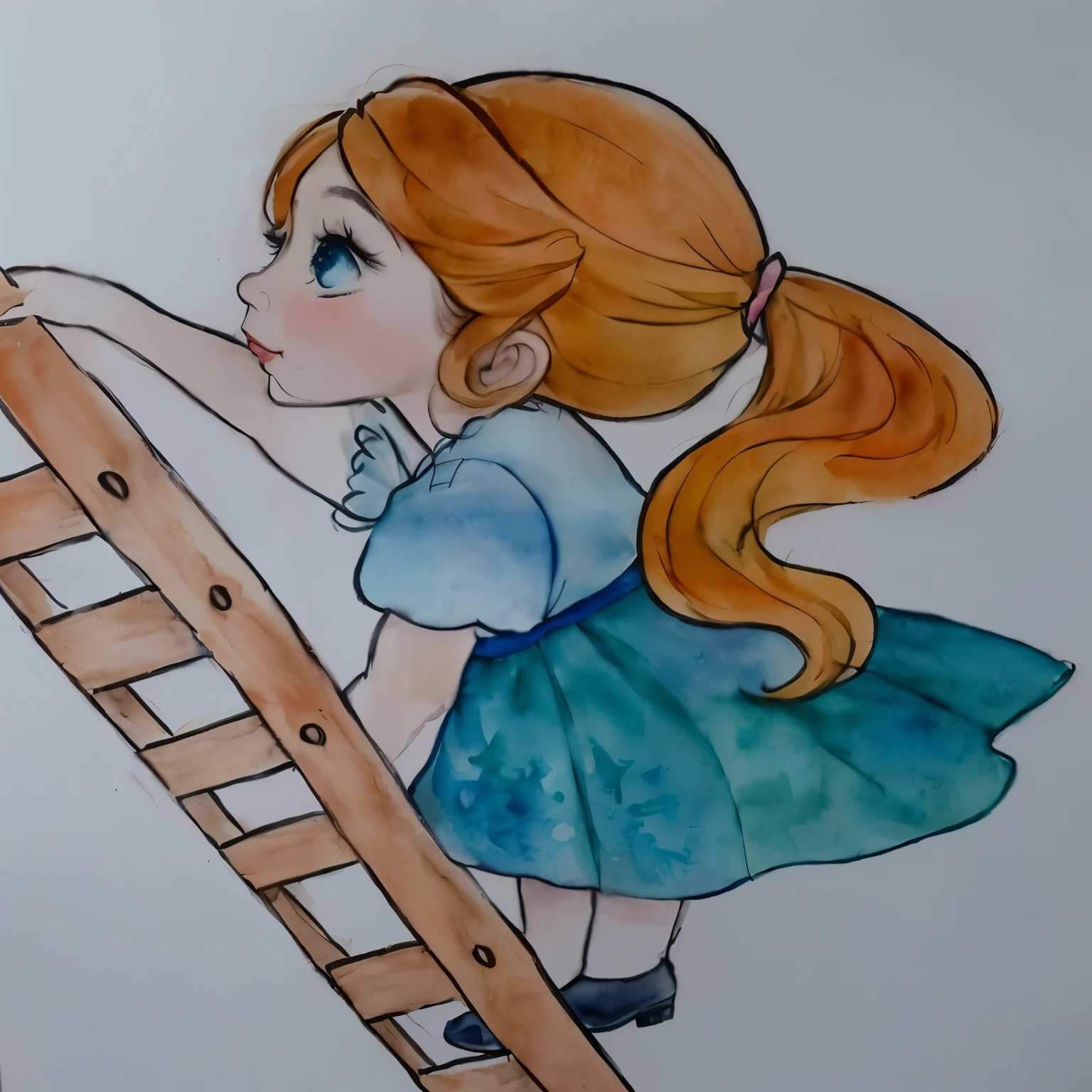 pintura de uma  subindo uma escada, inspirado em Claire Hummel, inspirado em Elsa Beskow, aquarela e caneta, standing on a ladder, por Dóra Kresztes, estilo de desenho tradicional, watercolor pencil + Desenho a tinta, Aquarela, arte no estilo da Disney, inspirado em Cicely Mary Barker