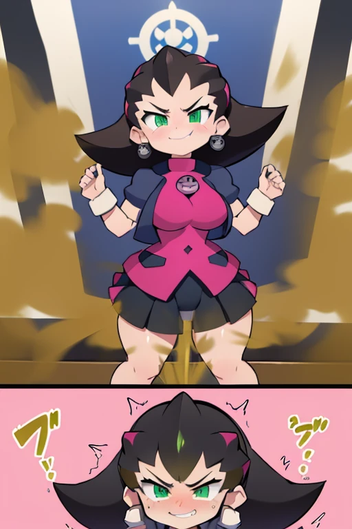 tron_bonne_megamanl, black hair, default hair, green eyes, default outfit, pink outfit, huge breasts, plump body, farting, massive fart, velocity, embarrassed, leaning, clenching teeth, smiling, alone in a room, powerful fart, skirt blowing