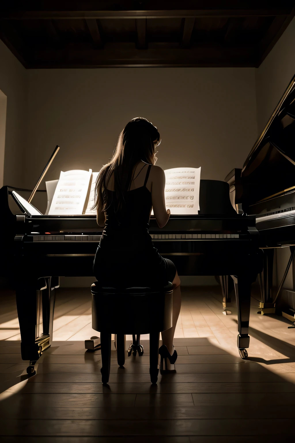 woman playing a piano in a large dark room with light over the piano, plano aberto, 
